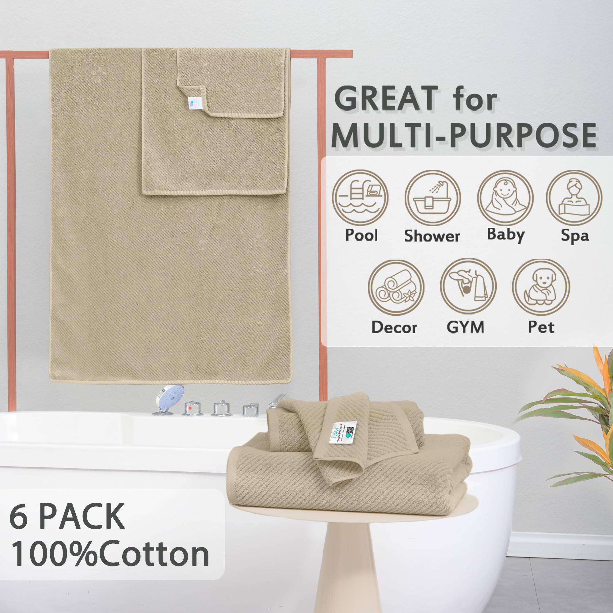 Tan Towels For Bathroom - 100% Cotton | Lightweight | Soft | Thick, 2 Bath Towels 30''X56'', 2 Hand Towels 18''X28'', 2 Washclot