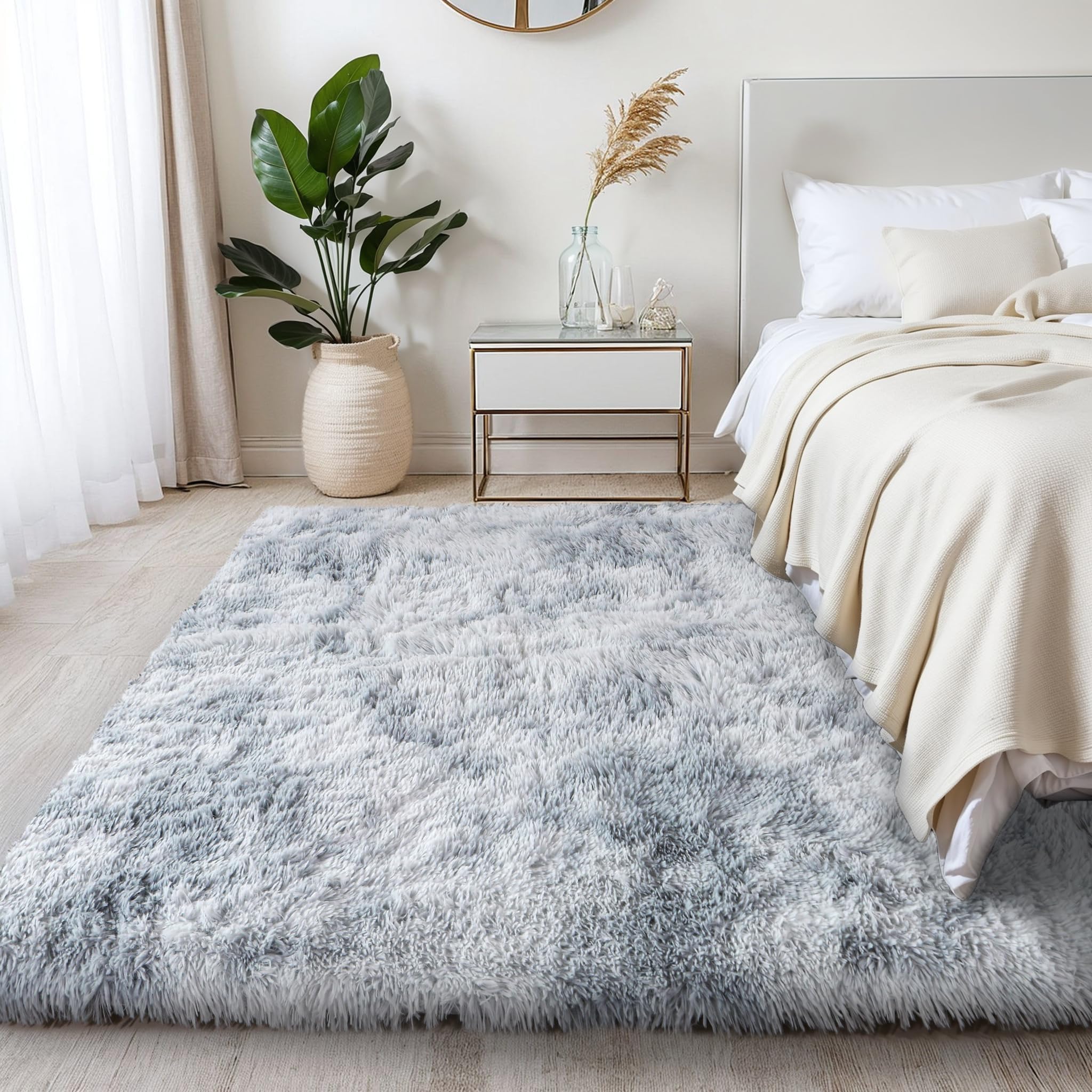 KCHOWUA Light Grey Rug for Bedroom Fluffy Rugs 4x6 Rug for Living Room Thick Machine Washable Plush Rug for Dorm Soft Shag Non S