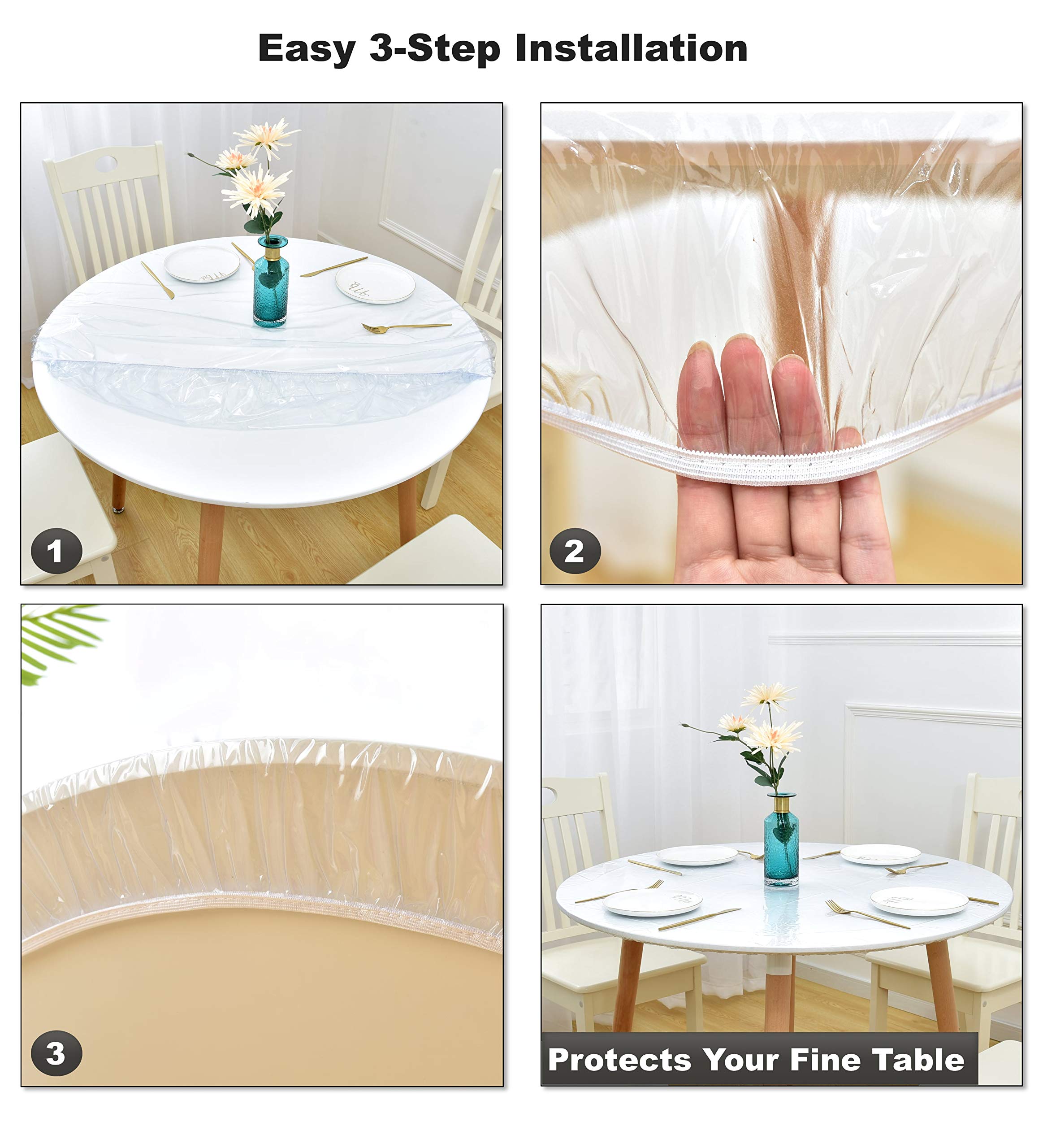 Rally Home Goods Indoor Outdoor Heavy Duty Premium Clear Transparent Round Fitted Vinyl Tablecloth, Elastic Edge, Waterproof Wip