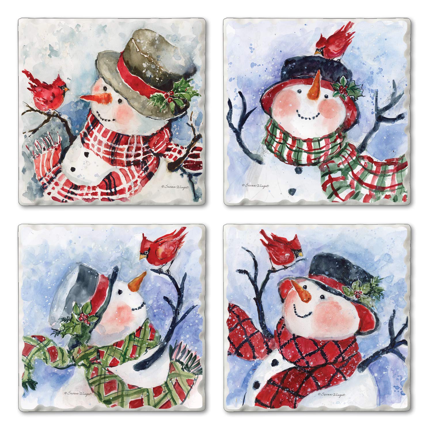 Thirstystone Watercolor Snowman Multi-Image Absorbent Stone Tumbled Tile Coaster 4 Pack With Protective Cork Backing Manufacture