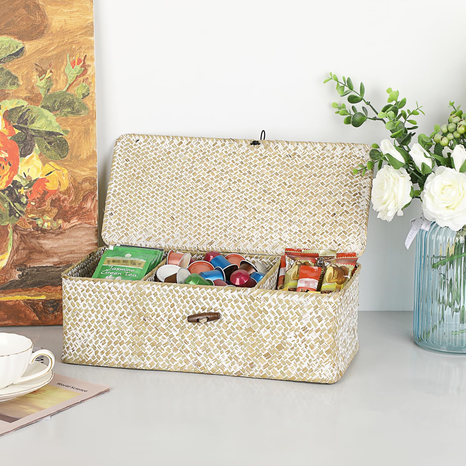 Hipiwe Seagrass Storage Basket - Hand-Woven Wicker Bins, Medium Size, Whitewash, 3 Sections with Lid for Organizing Bathroom Essentials