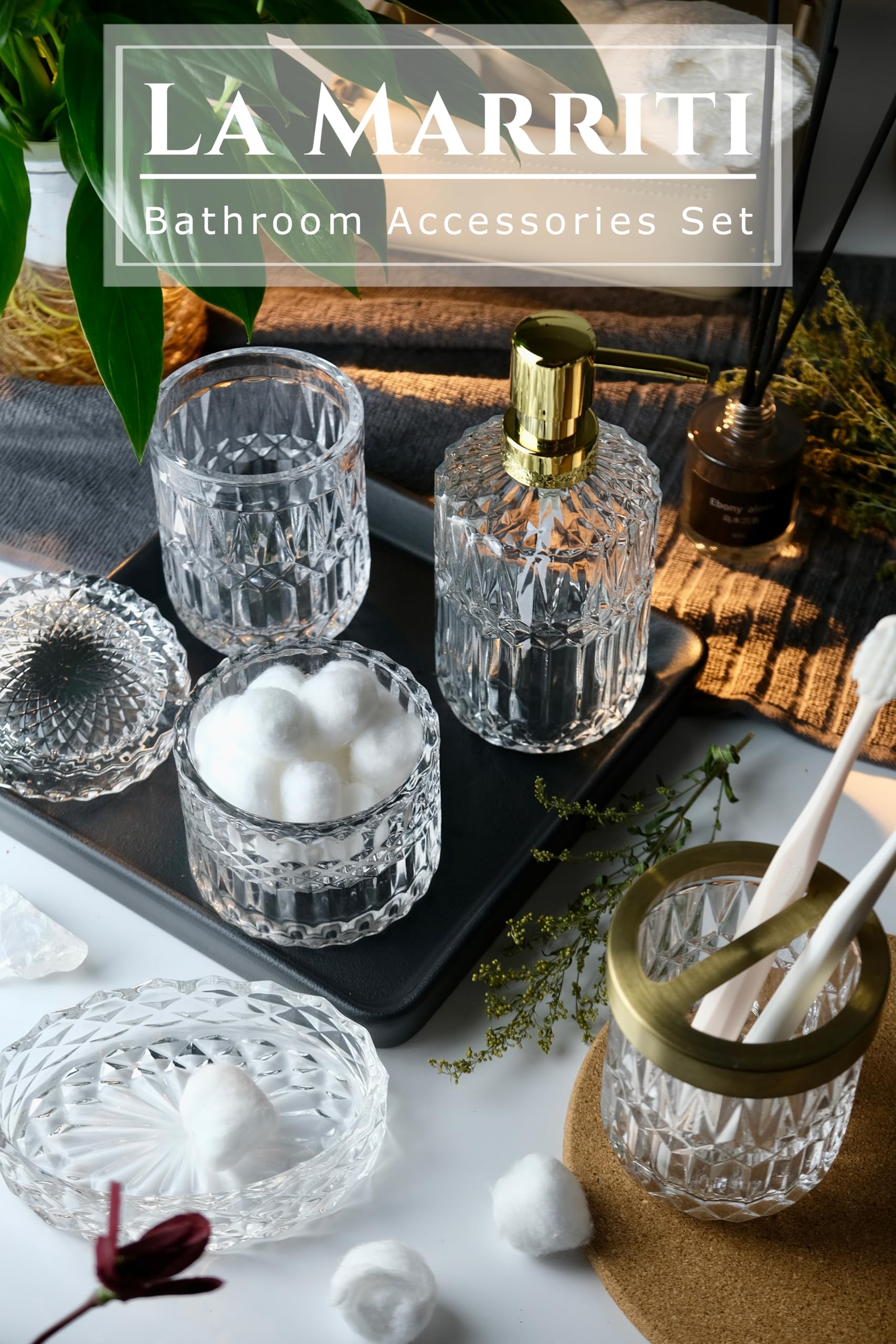 LaMarriti 5Pcs Clear Glass Bathroom Accessories Complete Set  Lotion Dispenser  Soap Dish  Tumbler  Cotton Swab Jars  Toothbrush Holder Set  Christmas Bathroom Decor and Gift Set  Crystal Clear