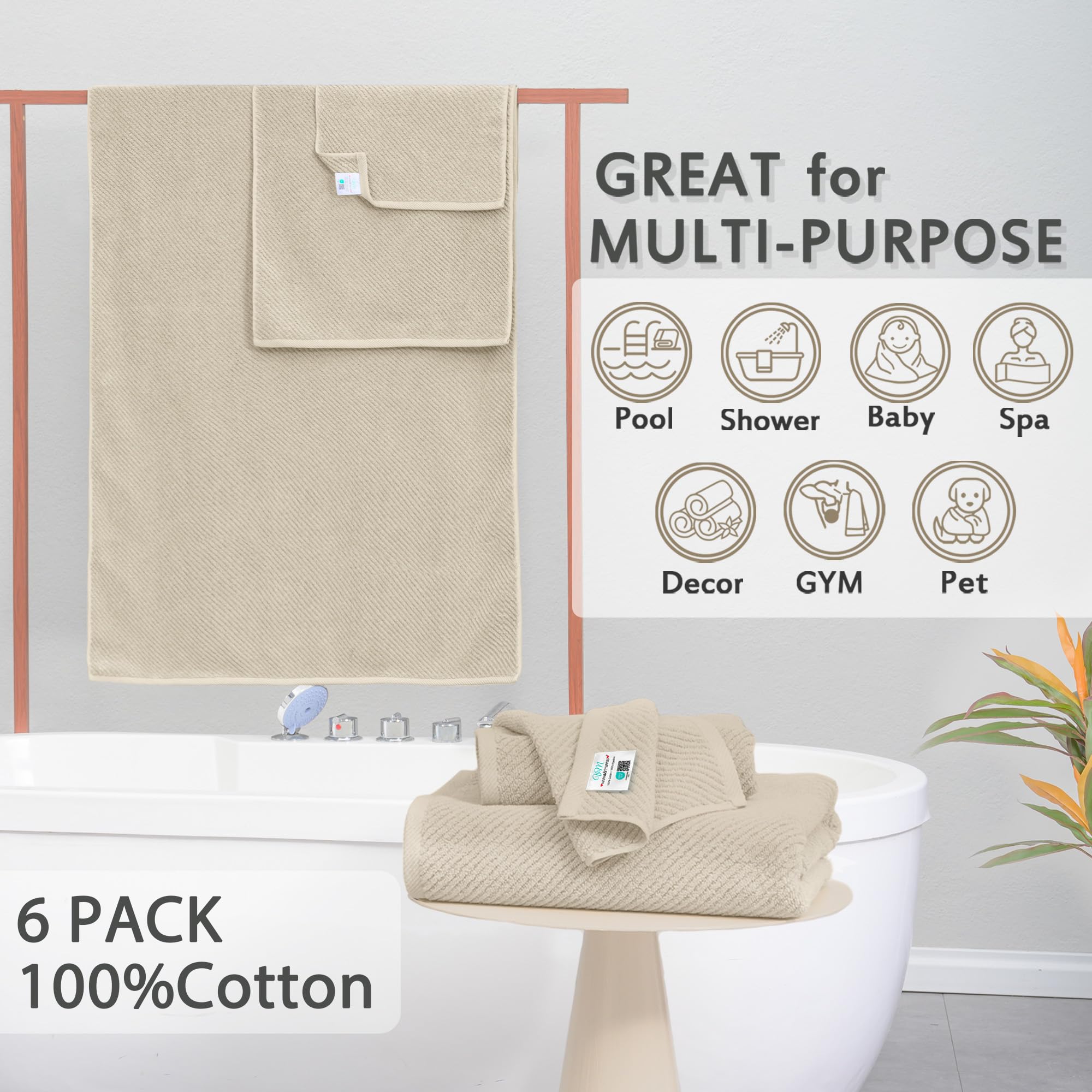 Tan Towels Bathroom Sets - 100% Cotton | Quick Dry | Light Weight | Thick | Soft , Towel Set Of 6, 2 Large Bath Towels 30 X 56,