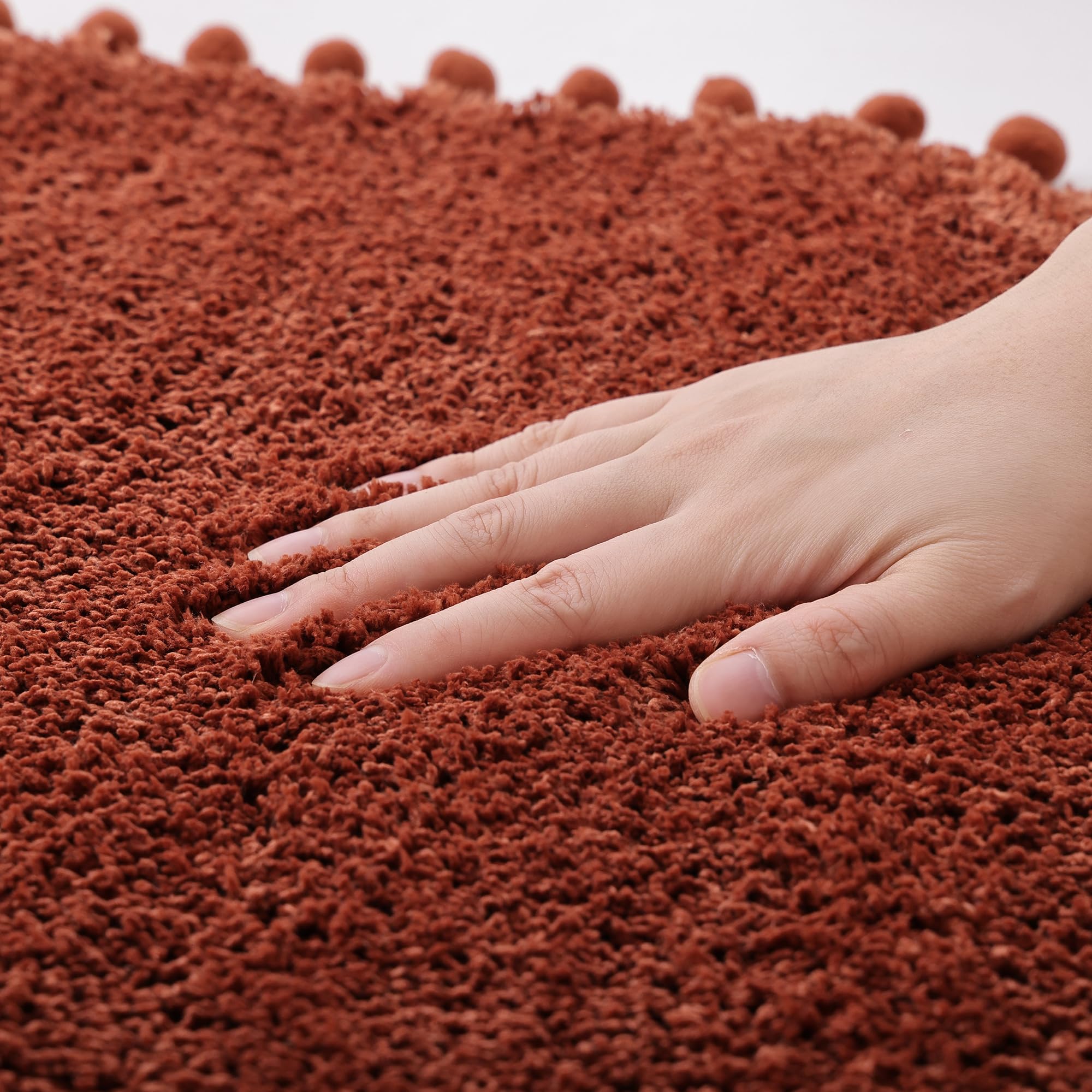 Yirddeo Bath Mat Terracotta Oval Rug With Pom Bathroom Rugs For Bedroom Non Slip Cute Boho Absorbent Mats Soft Plush Washable Ru