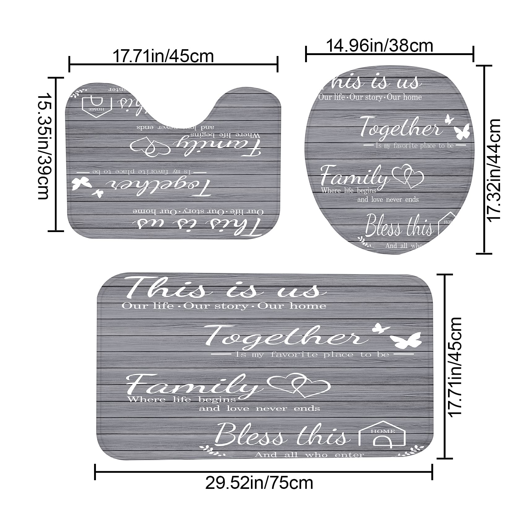 Juwute 4Pcs Family Shower Curtain Sets With Non-Slip Rugs, Toilet Lid Cover And Bath Mat, Grey Home Bathroom Decor Set Accessori