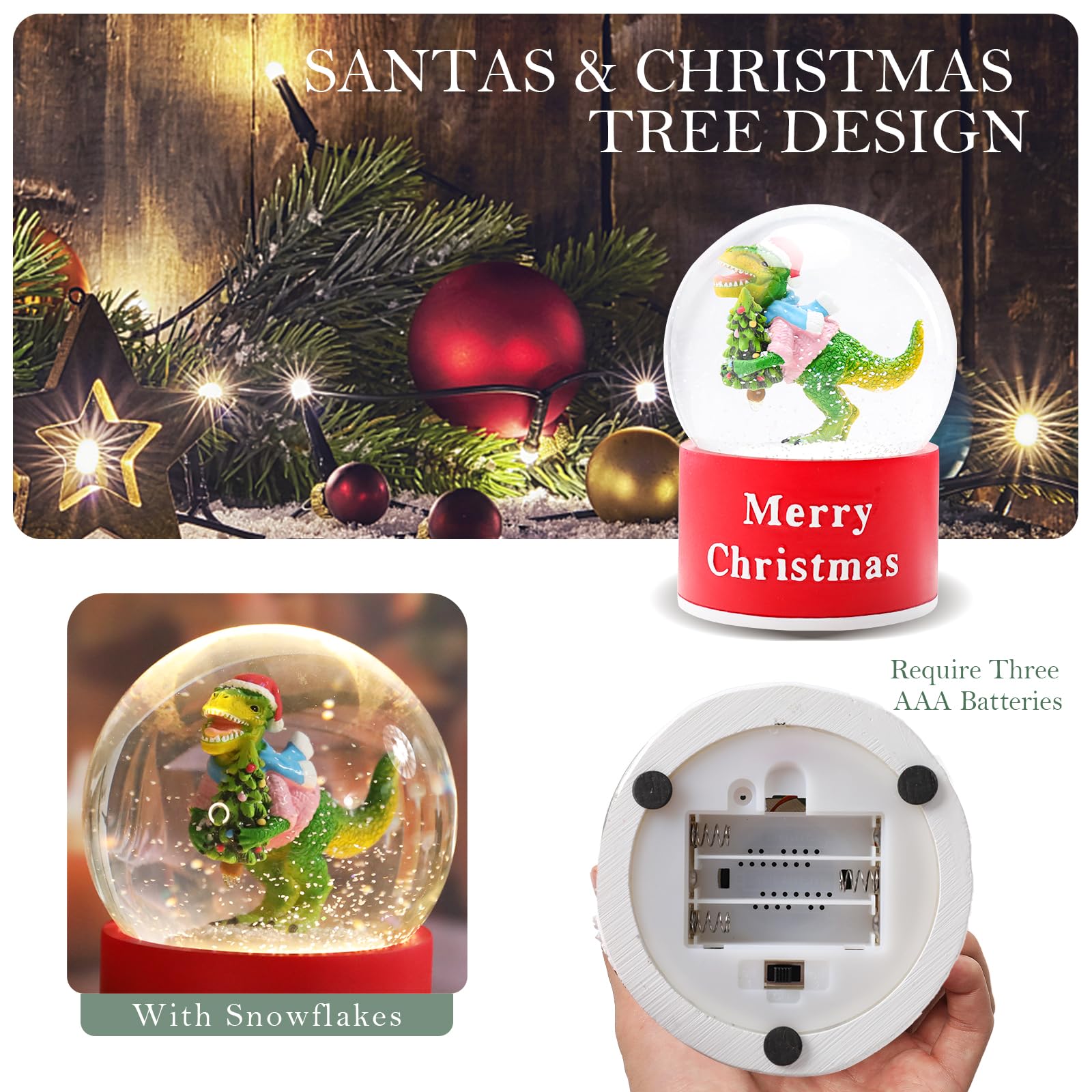 Bdor Christmas Dinosaur Snow Globe with LED Light & Music - 3.94 x 3.94 x 5.31 | 2 Modes: Color Changing Lights with 8 Christmas
