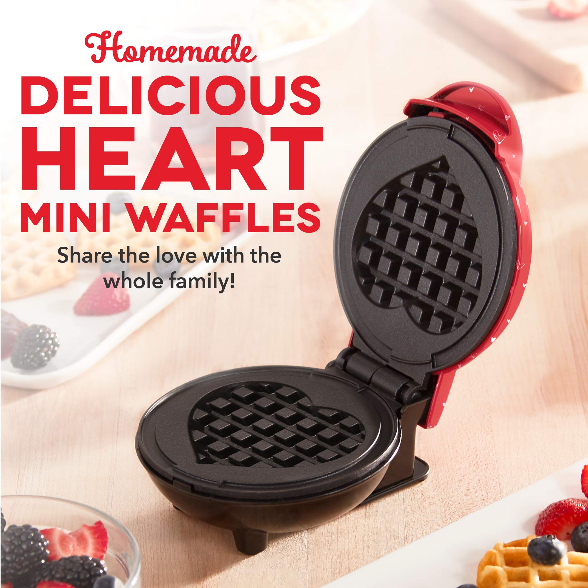 Dash Mini Maker For Individual Waffles, Hash Browns, Keto Chaffles With Easy To Clean, Non-Stick Surfaces, 4 Inch, Red Love Hear