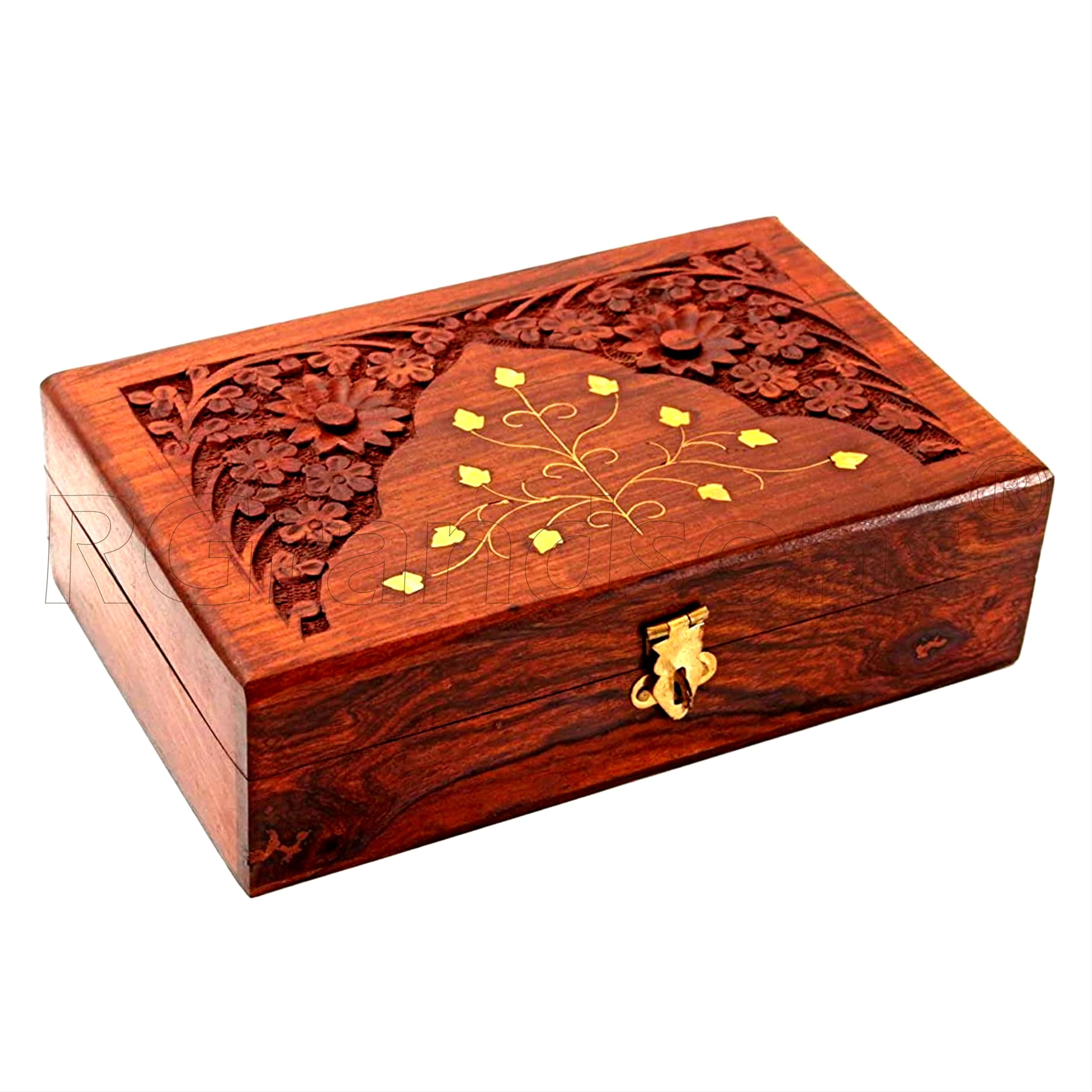 Rgrandsons Handmade Wooden Keepsake Storage Box Jewelry Trinket Holder Organizer Floral Hand Carvings With Brass Inlay 8 Inch
