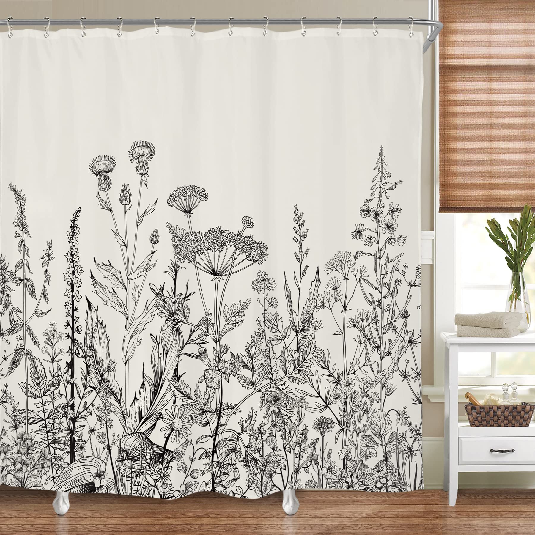 Riyidecor Wild Floral Shower Curtain Botanical Flower Plant Herbs Tulip Nature Blossom Wildflower Leaf Sketch Waterproof Fabric