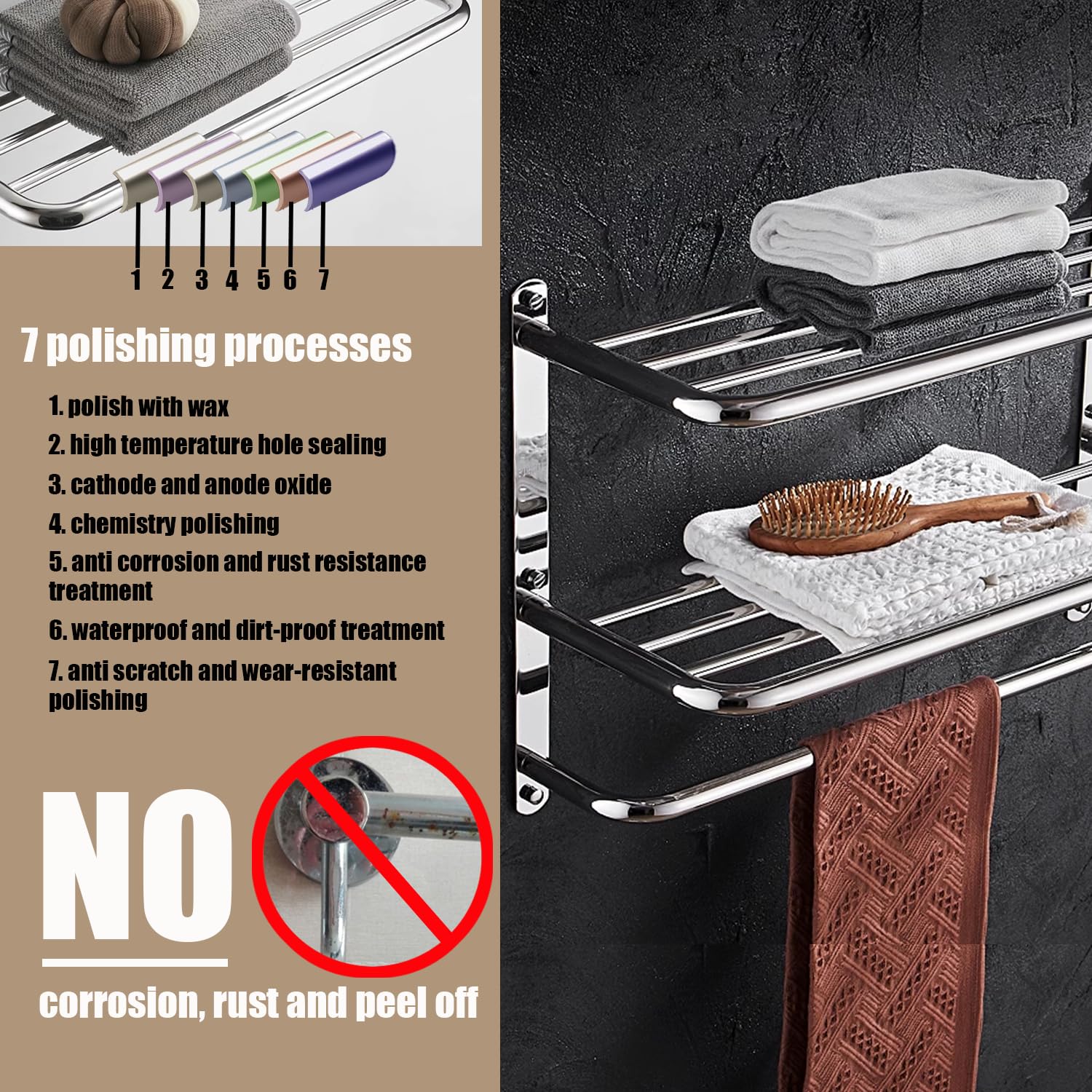 Luant 24 Inch Bathroom Shelf 3-Tier Wall Mounting Rack With Towel Bars