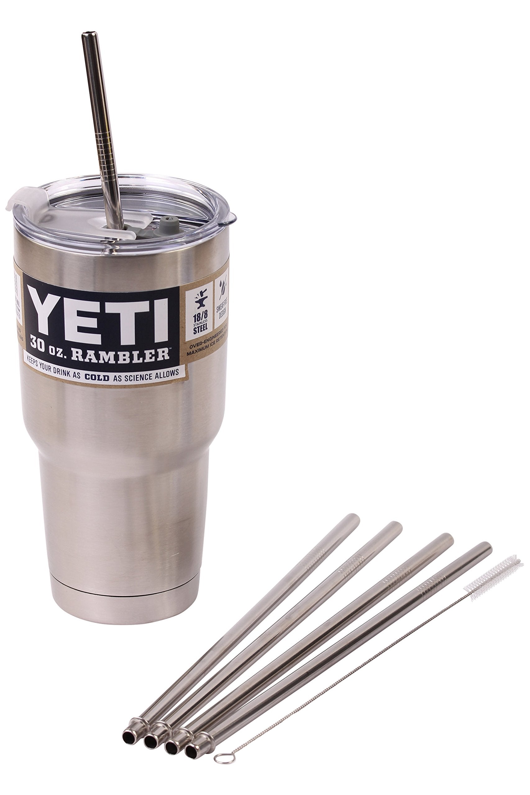 4 Wide Stainless Steel Straws + Straw Hole Lid Extra Long Fits 30 Oz Yeti Tumbler Rambler Cups - Cocostraw Brand Drinking Straw