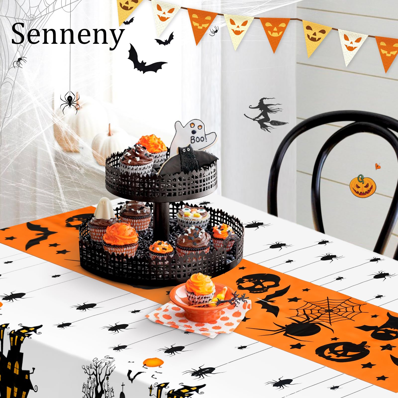 Senneny Halloween Tablecloth, 54'' X 108'' Disposable Plastic Halloween Tablecloth Rectangle, Halloween Table Decorations For Ha