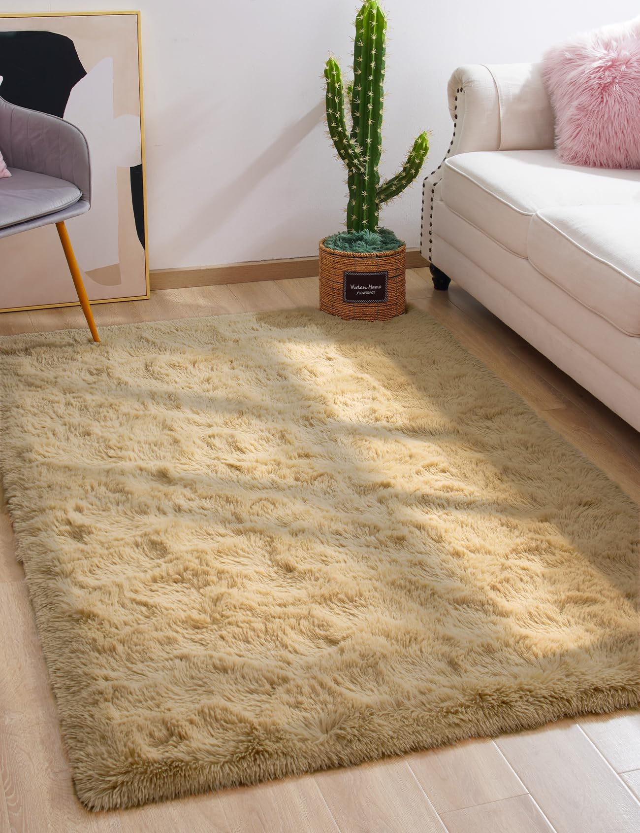Macgace Fluffy Area Rugs for Bedroom Decor Aesthetic, 4x6 Beige Shag Rug with Non-Slip Dots for Living Room, Fuzzy Plush Carpet 