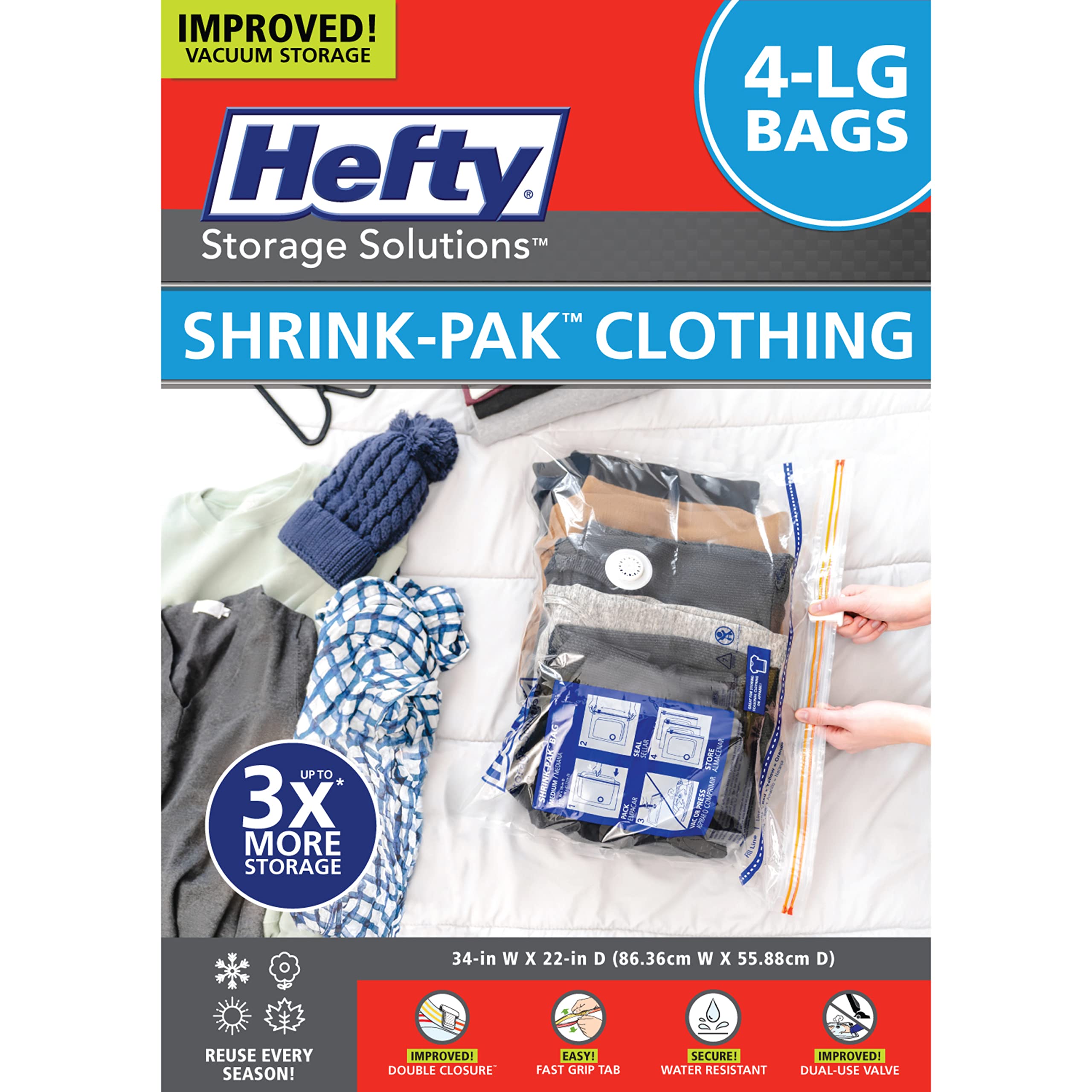 Hefty Shrink-Pak - 4 Large Vacuum Storage Bags For Storage For Clothes, Pillows, Towels, Or Blankets - Space Saver Vacuum Sealer