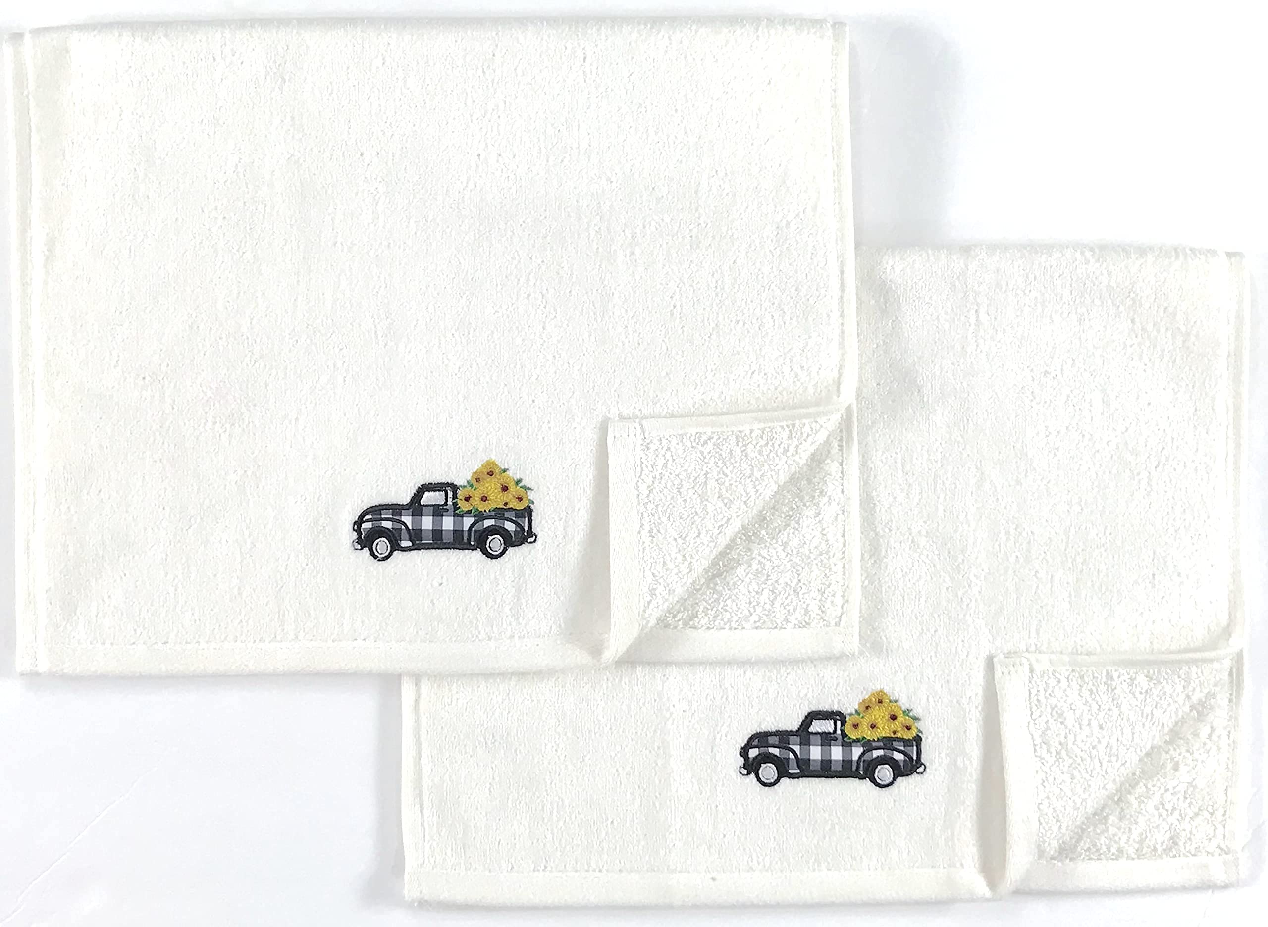 Decorative Fall Hand Towels: Farmhouse Black White Check Truck With Sunflowers Load Embroidered Design, Plush Velour Cotton, Set