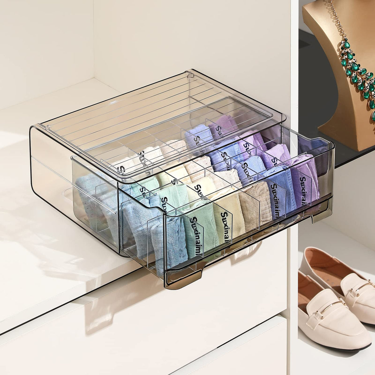 MSHOMELY Underwear Drawer Organizer with Divider, 24 Cell Sock Organizer for Closet, Acrylic Sock Organizer with Lid, Underwear
