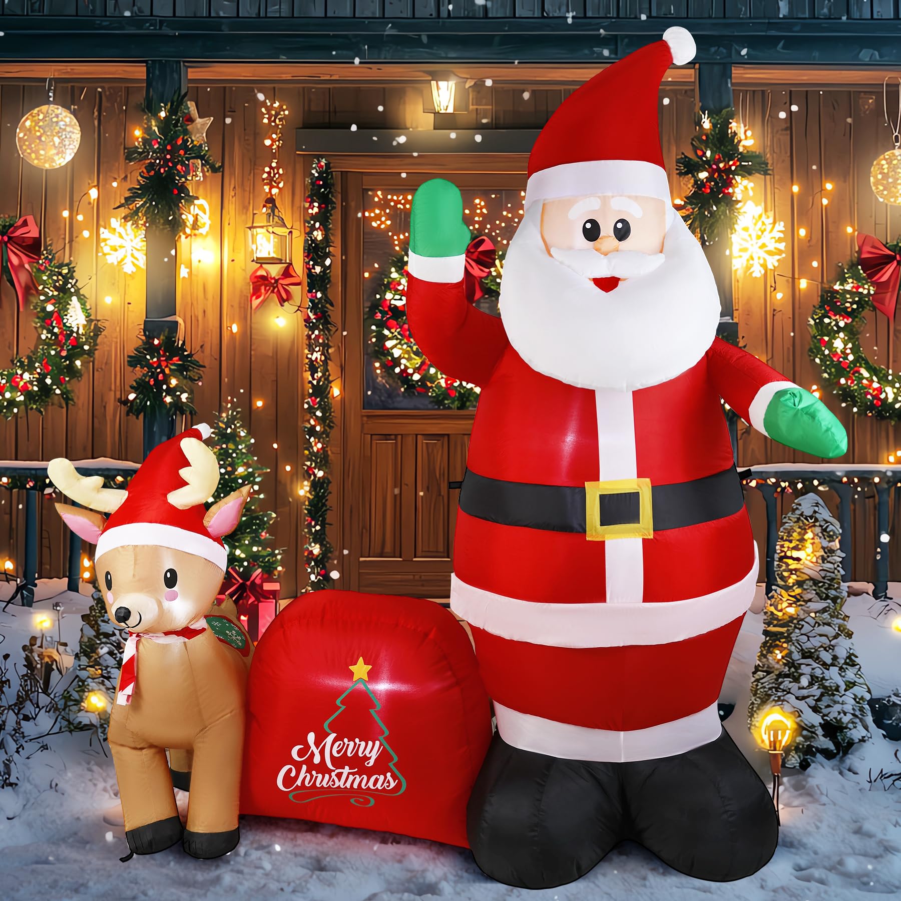 GIFTFIND 7Ft Christmas Inflatable Santa Clau Built-in LED Lights, Outdoor Decoration Santa with Reindeer and Christmas Ball Blow