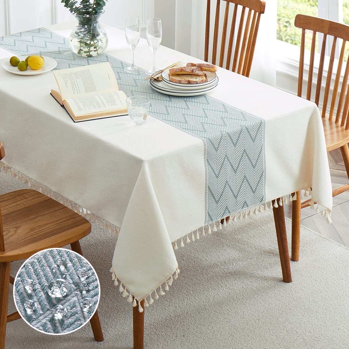 Cosmine Rectangle Table Cloth,Linen Farmhouse Tablecloth Heavy Duty Fabric,Washable Embroidery Table Cloths With Tassel,Decorati