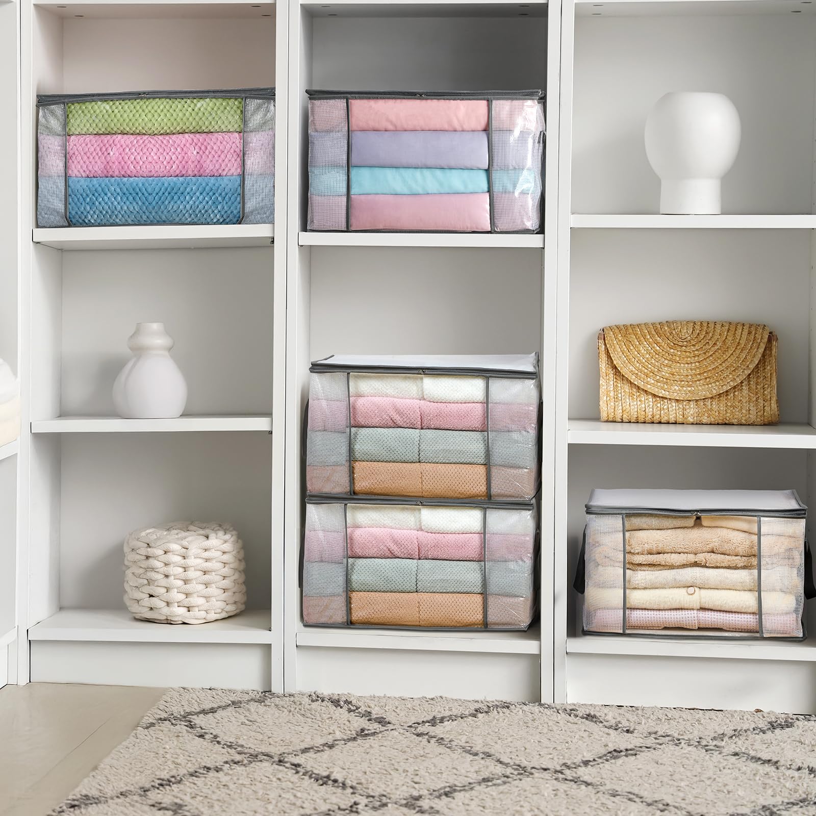 LANDNEOO 6-Pack Clothes Storage Bags, Plastic Foldable Blanket Storage bins, Closet Organizer Container for Bedroom, Bedding, Co