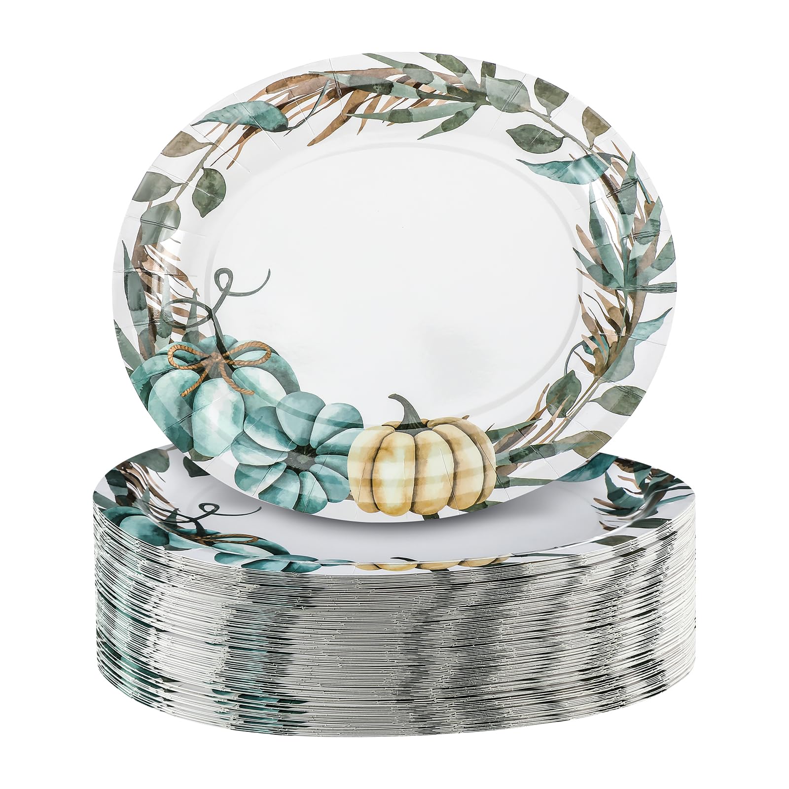 Suttmin 100 Pcs Thanksgiving Oval Paper Plates 10 x 12 Disposable Fall Blue Pumpkin Dinner Plates Dinnerware Tray Thanksgiving P