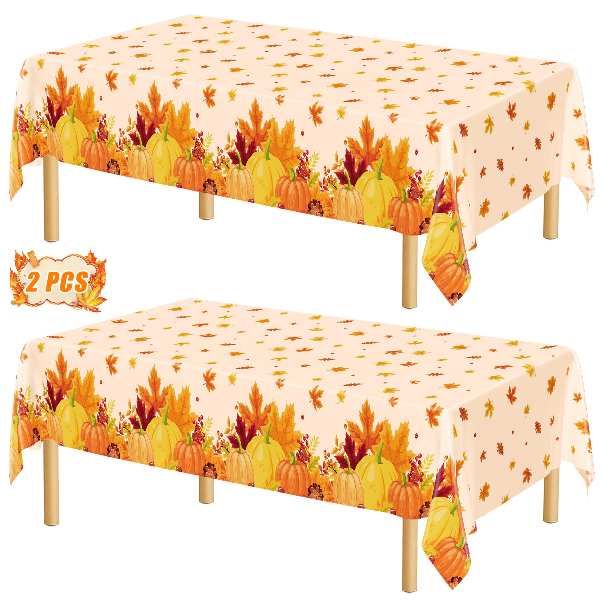 QZYL 2 Pack Thanksgiving Tablecloths, 54 x 108 Friendsgiving Plastic Tablecloth, Rectangle Disposable Tablecover Pumpkin Tablecl