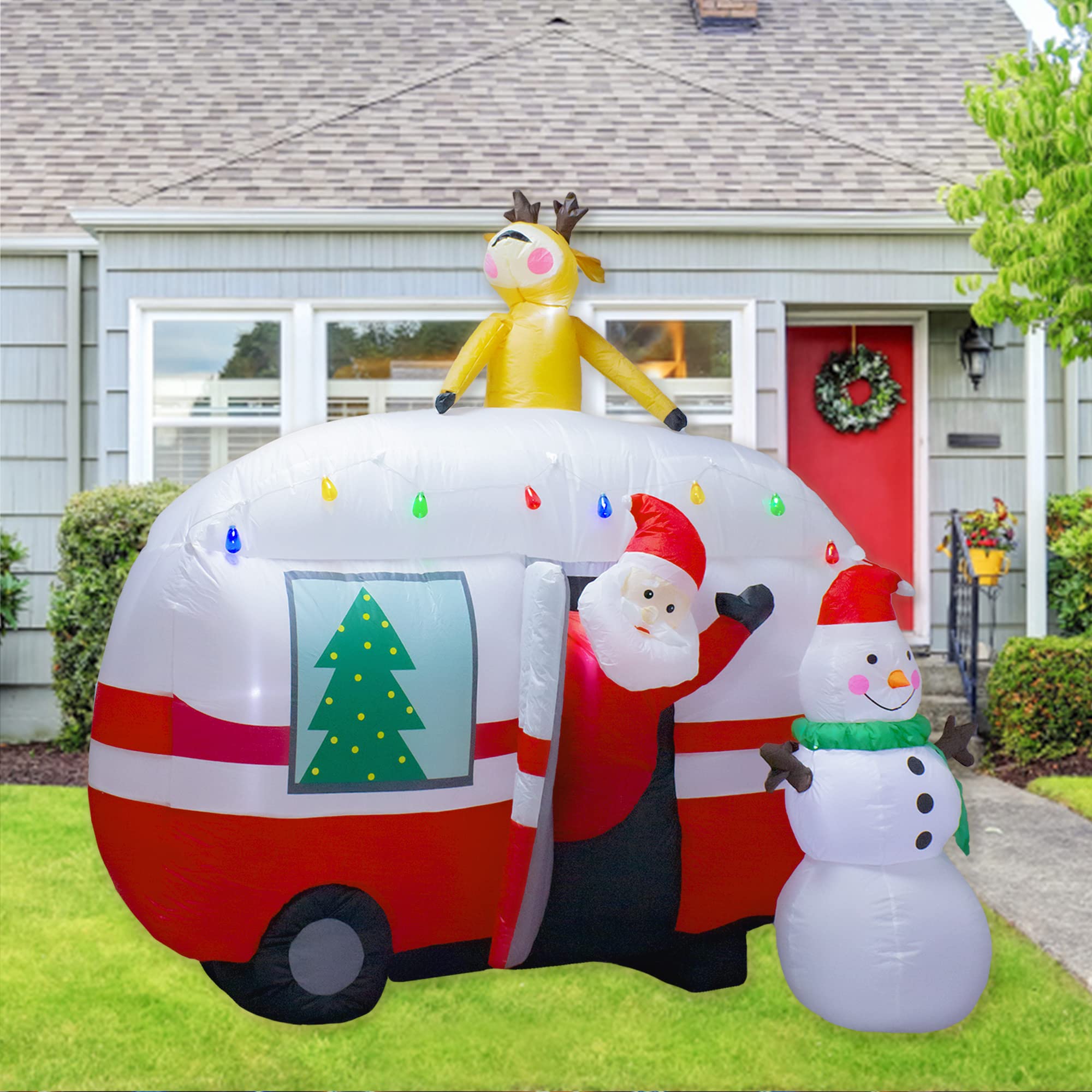 luxfcup 8FT Christmas Inflatable Santa Snowman Camper Inflatables Decoration with LED Lights Outdoor Yard to Blow Up Christmas C
