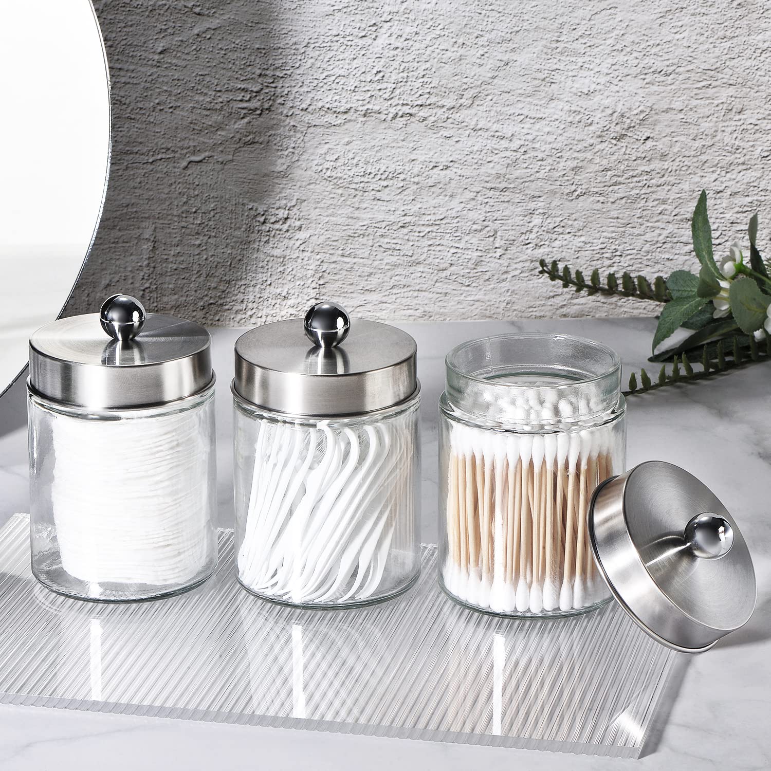3 Pack Apothecary Jar Canisters Bathroom Vanity Organizer - Qtip Holder Storage Organizer Set Countertop Canister with Stainless Steel Lids &Cute Stickers for Qtips Cotton Swabs Makeup Sponges Floss (Brushed Nickel)
