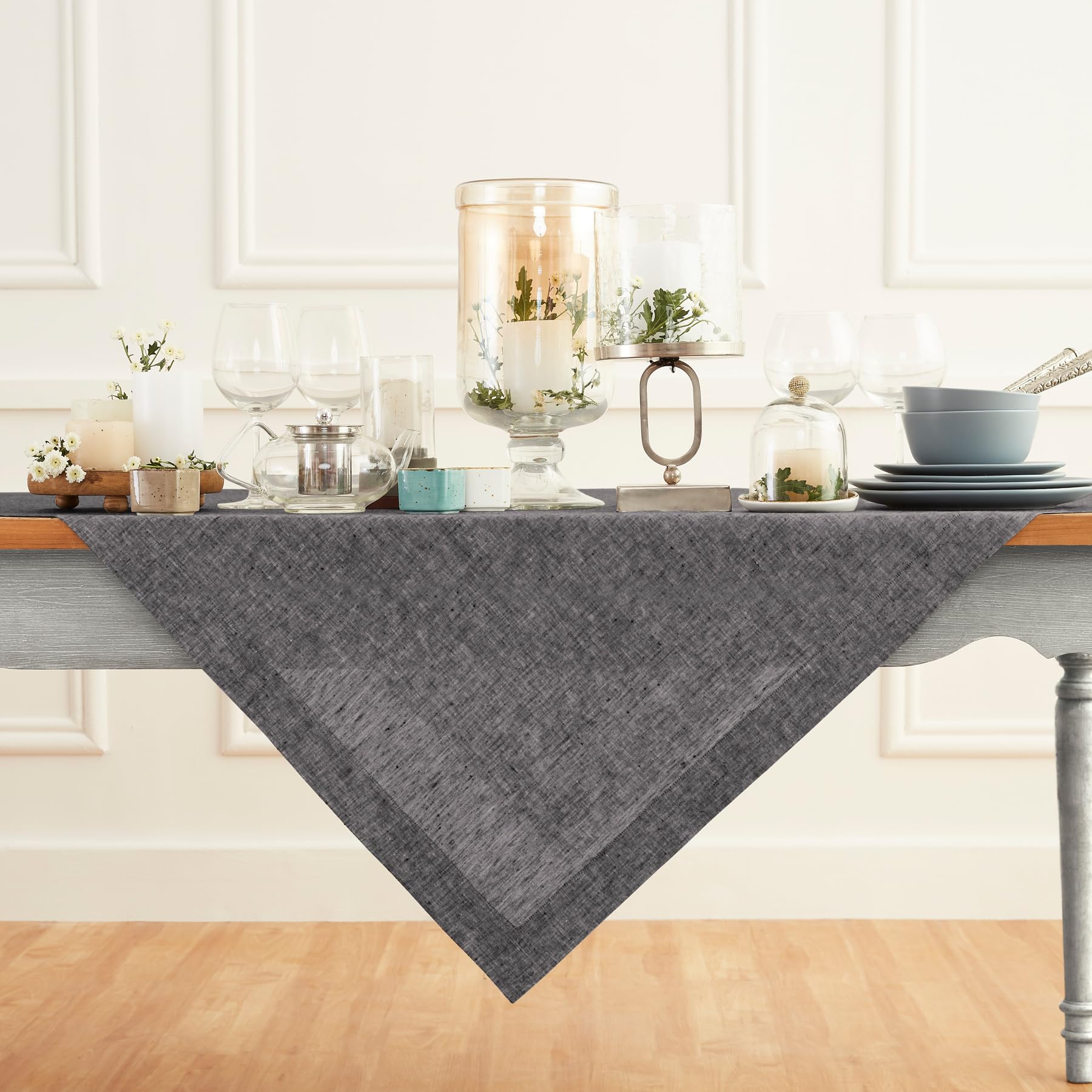 Solino Home Linen Tablecloth 52 x 52 Inch - 100% Pure Linen Chambray Black Tablecloth - Machine Washable Square Table Throw for 