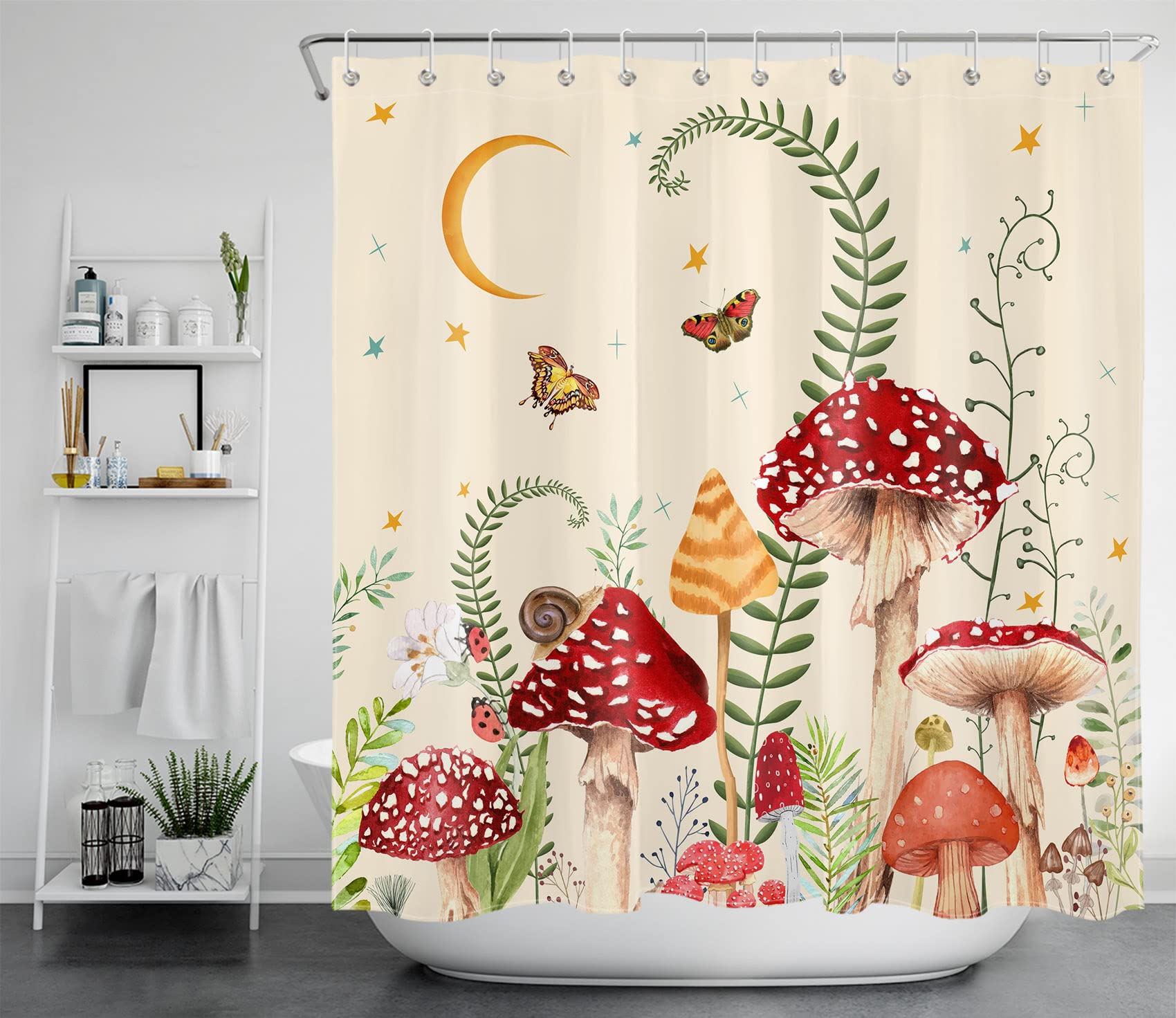 Eobtain Mushroom Shower Curtain Retro Mushrooms Butterfly Floral Boho Moon Stars Botanical Wildflowers Green Plant Aesthetic Bat