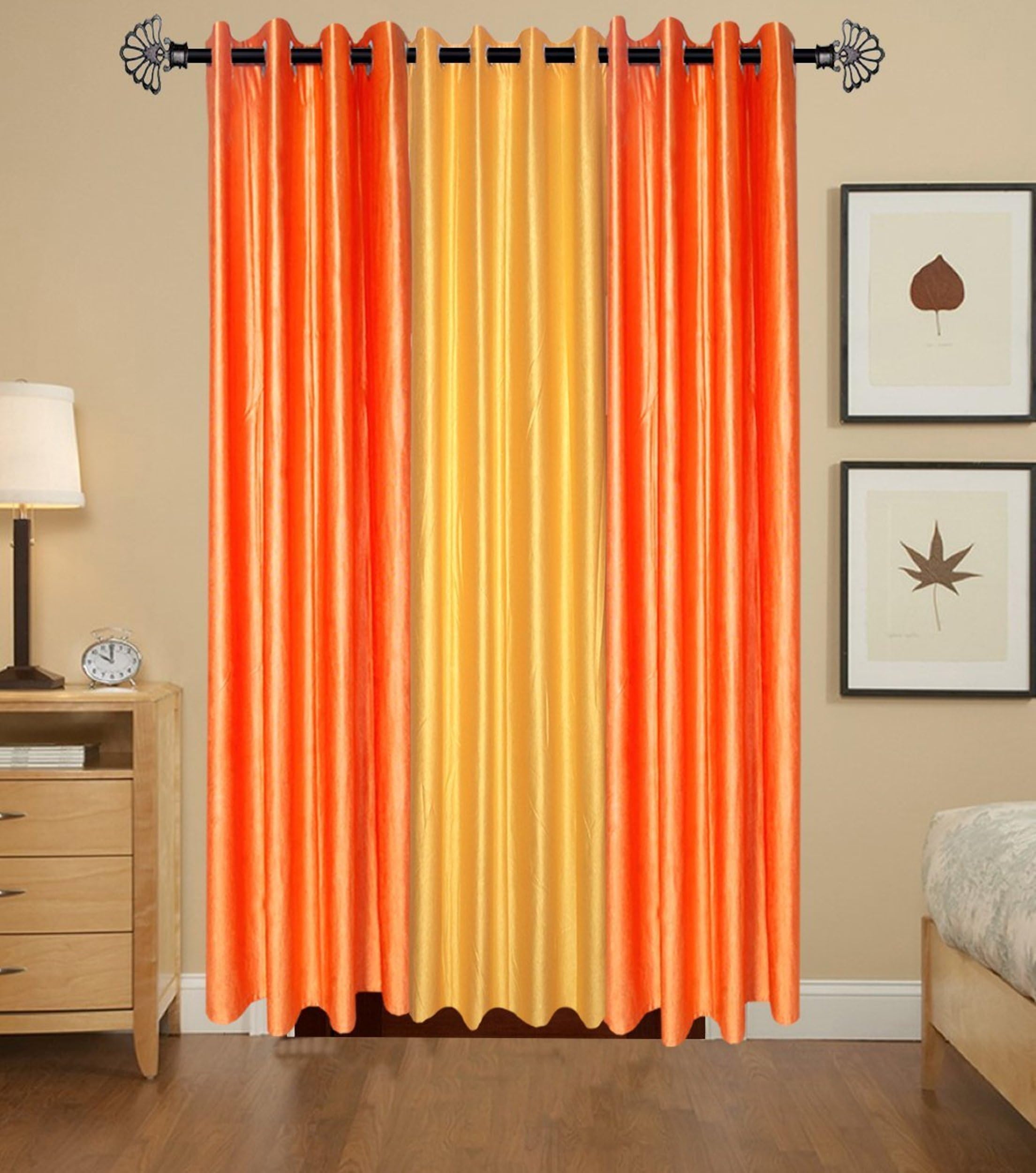 Galaxy Home Decor Solid Plain Curtains for Long Door 10 Feet, Pack of 3, Orange & Yellow