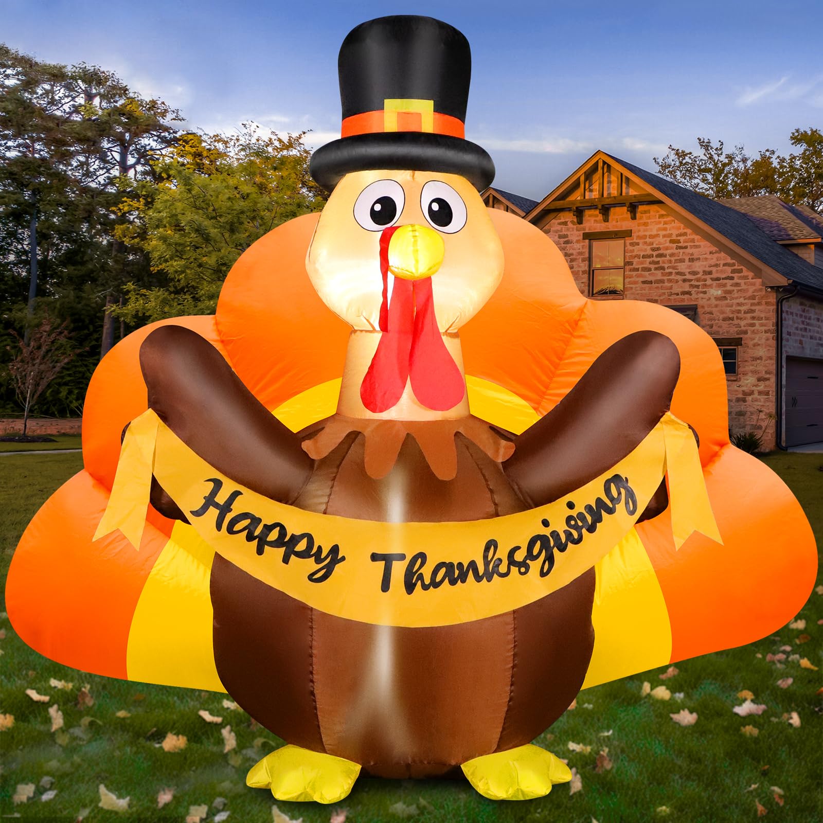 FunFanso Thanksgiving Inflatables Turkey Outdoor Decorations with Built-in LED Lights, 4.5FT Tall Blow Up Turkey with Pilgrim Ha
