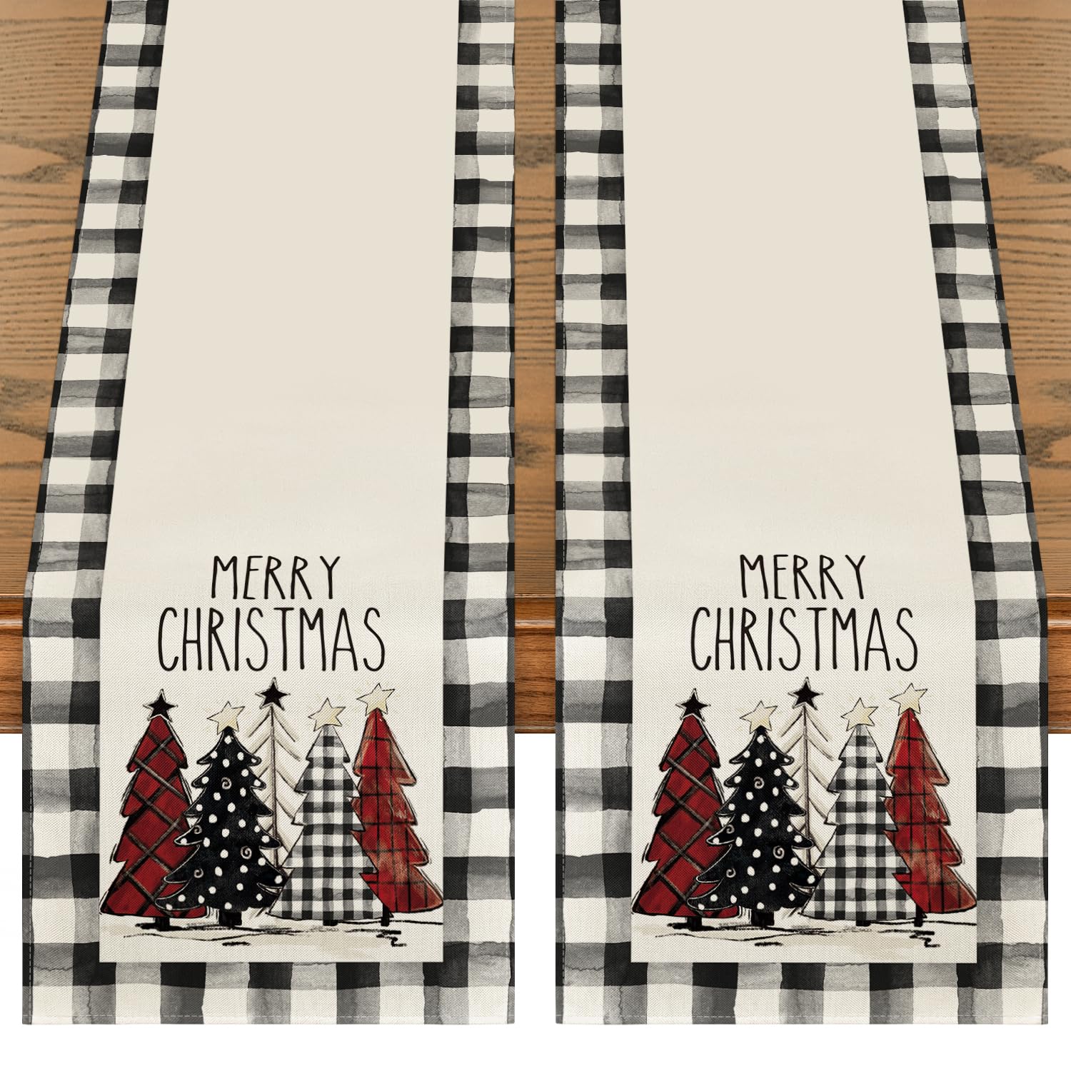 Artoid Mode Buffalo Plaid Xmas Trees 2Pcs Merry Christmas Table Runner, Seasonal Winter Holiday Kitchen Dining Table Decoration