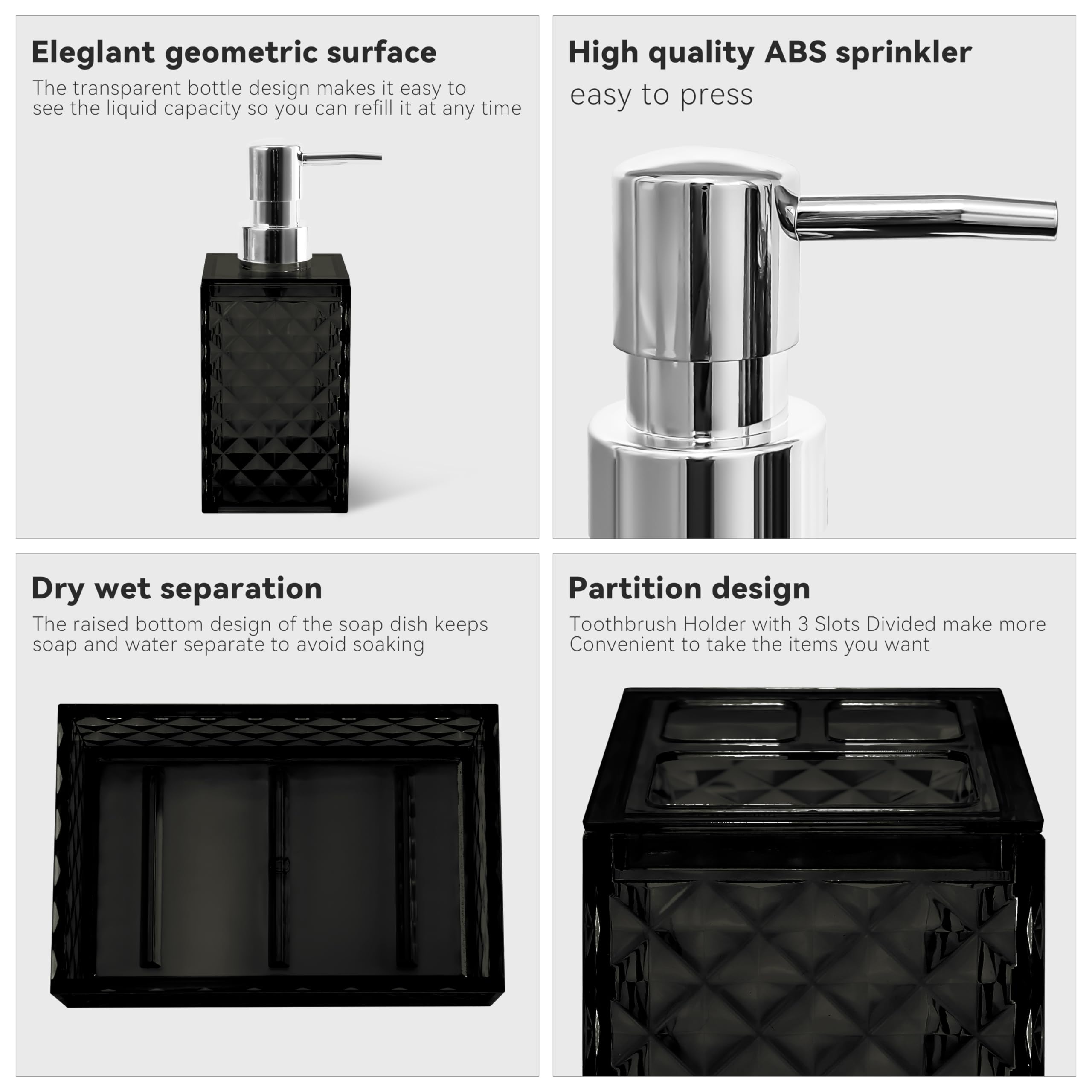 Seeatoo Bathroom Accessory Set - 4 Pcs Black Plastic Accessories, Soap Dispenser, Toothbrush Holder, Boho Decor, Model: Seeatoo-407H