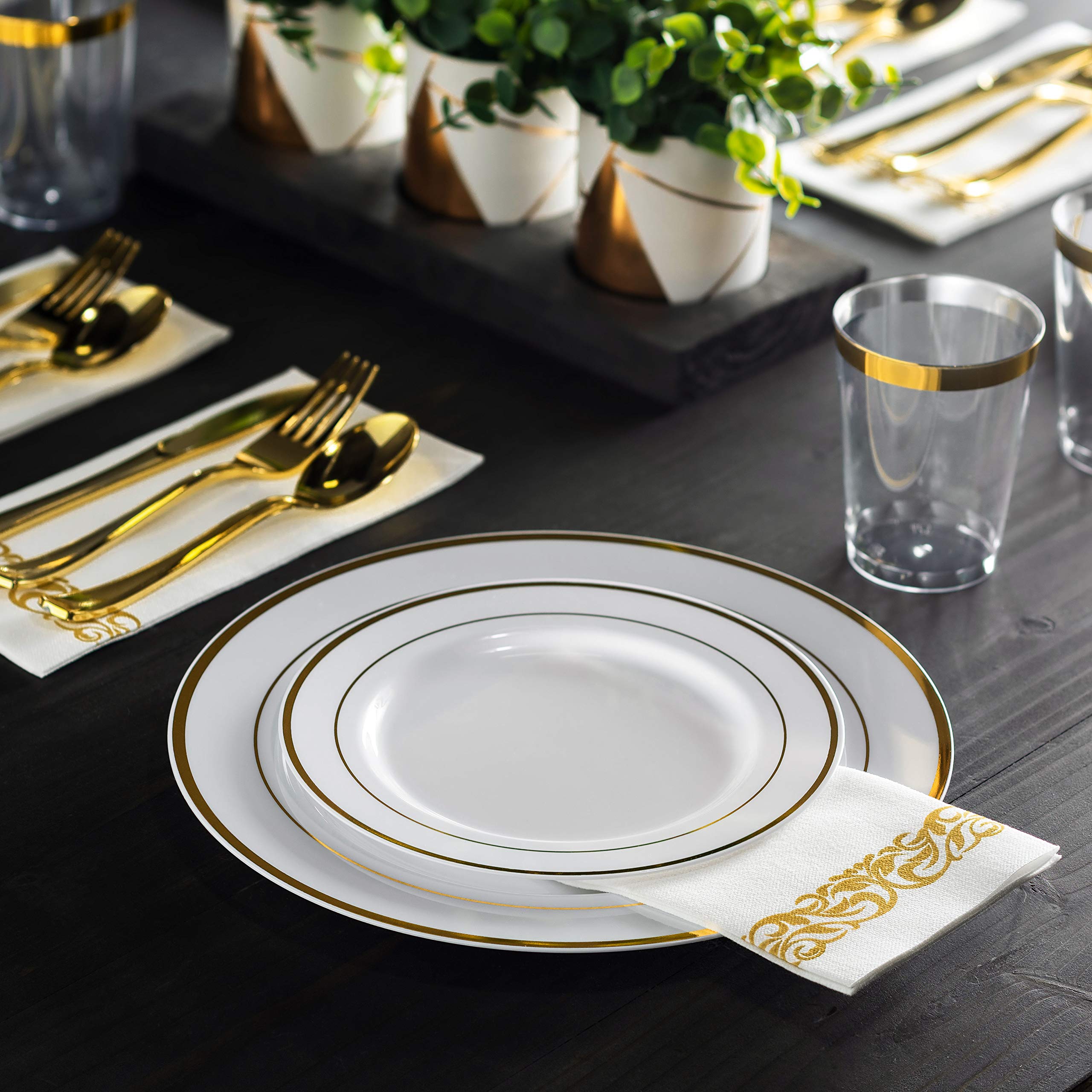Munfix 100 Piece Plastic Party Plates White Gold Rim, 50 Premium Heavy Duty 10.25 Inch Dinner Plates And 50 Disposable 7.5 Inch