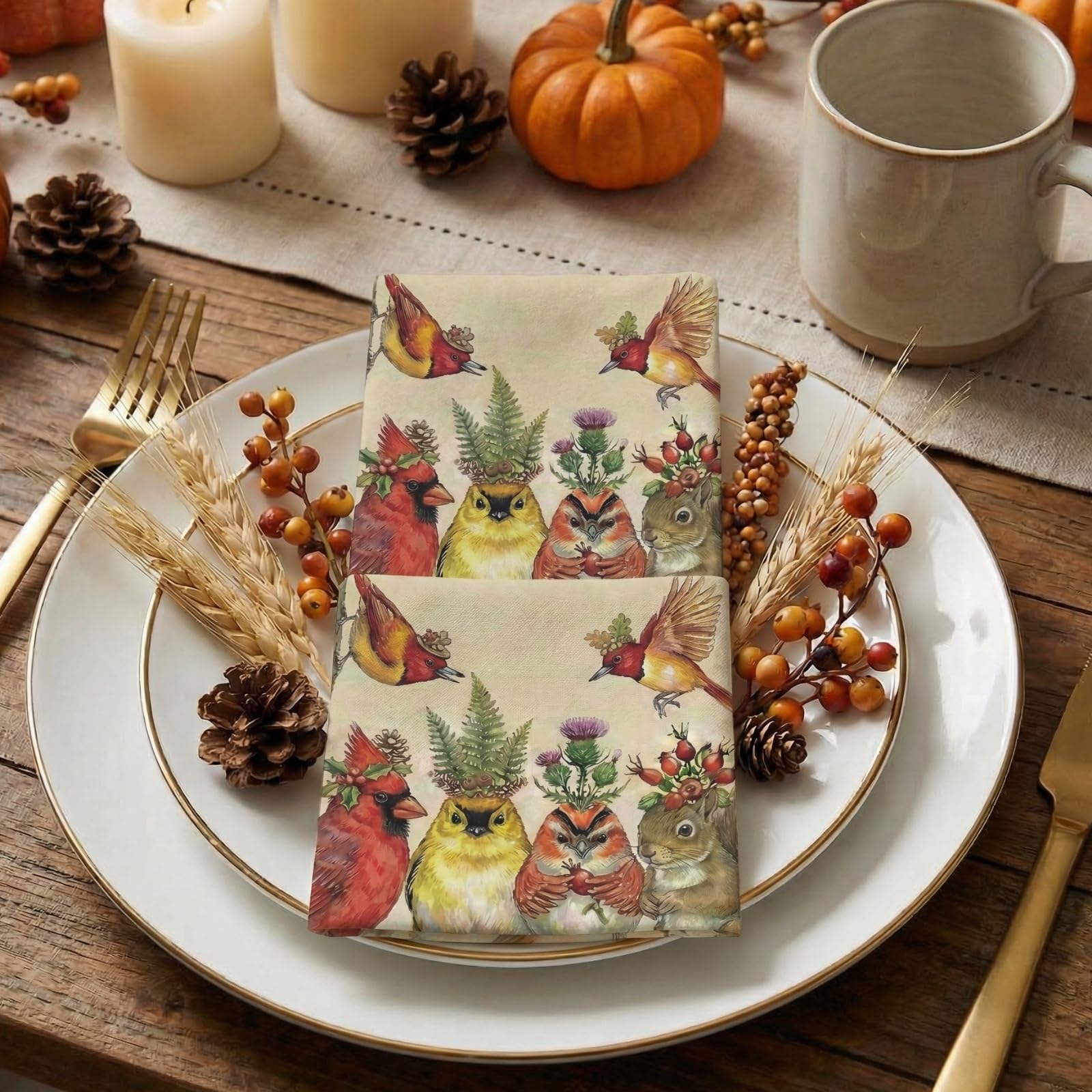 Khen Woodland Napkins, 100 Pack 4 Designs, 5" x 5" Folded Beige Square Disposable