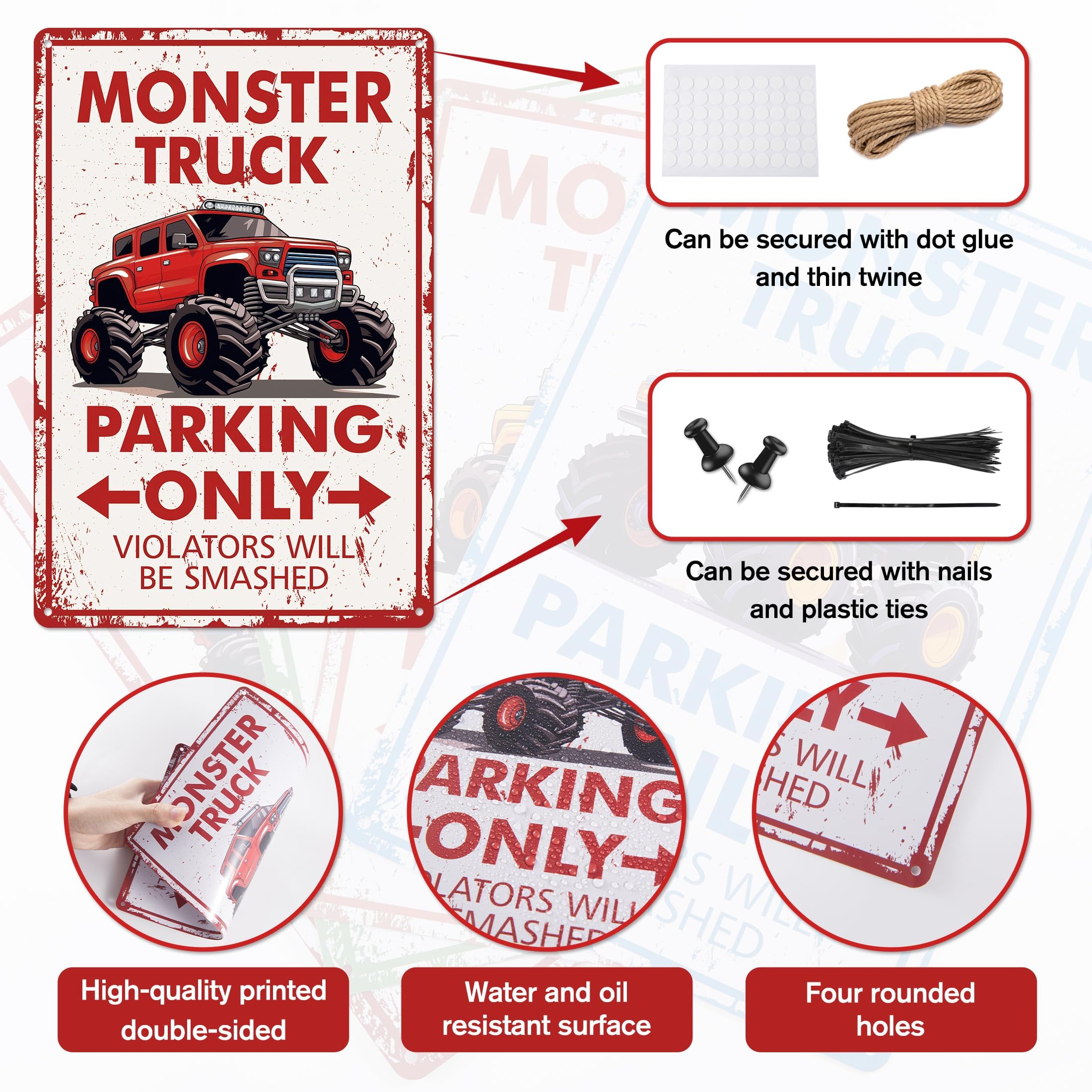 4 Pcs Monster Truck Parking Only Wall Decor for Boys, Monster Jam Only Violators Will Be Smashed Wall Room Door Signs, Monster T