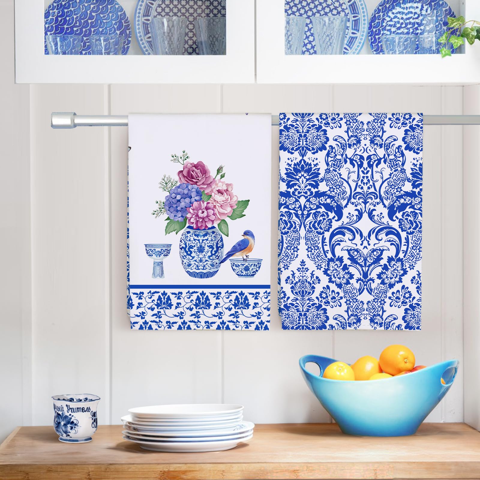 Arquiel Blue And White Porcelain Kitchen Towel 100% Cotton Quick Dry Dish Towels 20 X 27.5Inch, Dishcloth Hand Towels For Housew