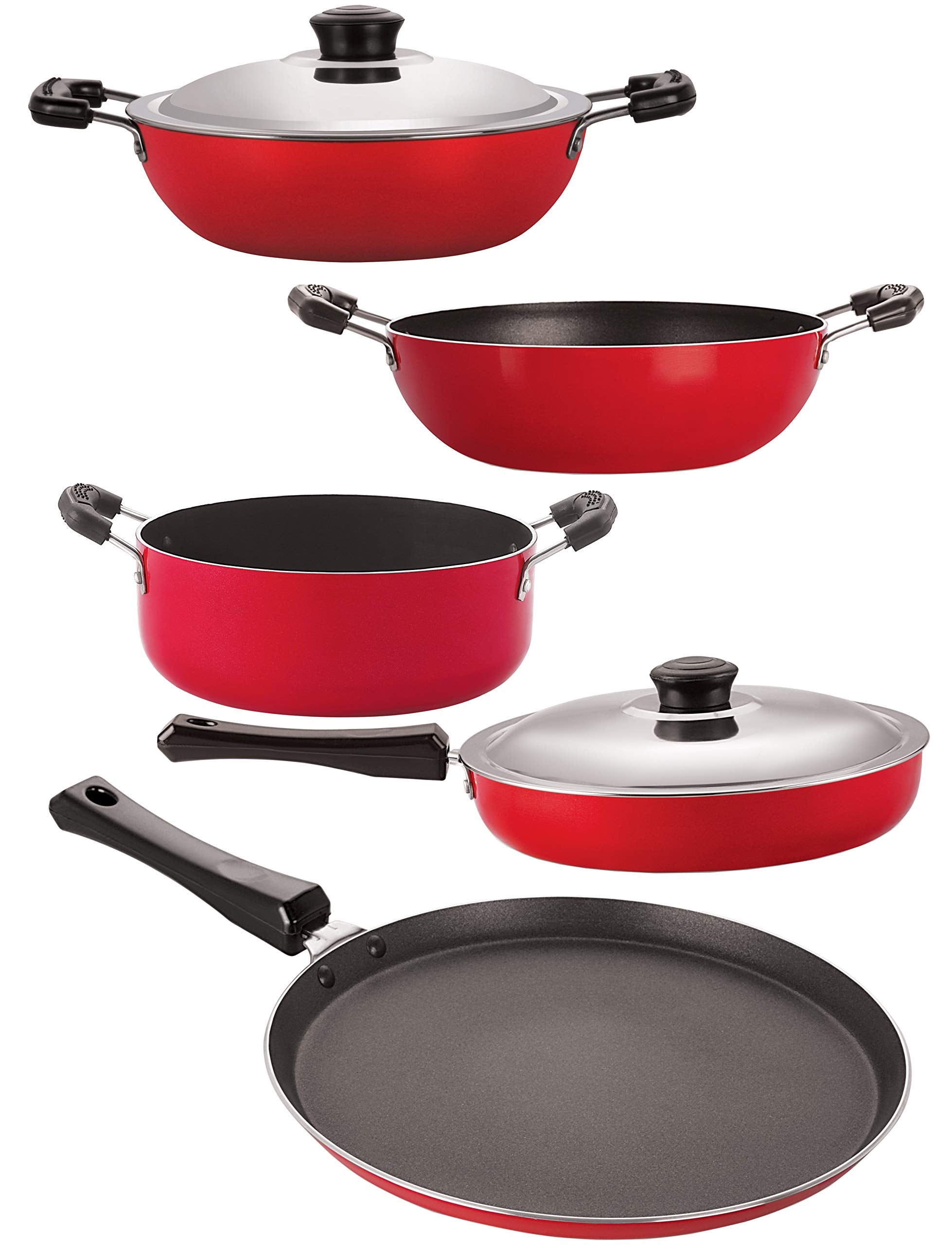 Nirlon NonStick 5 Piece Gas Compatible Kitchen Cooking Utencils Gift Set, Red & Black