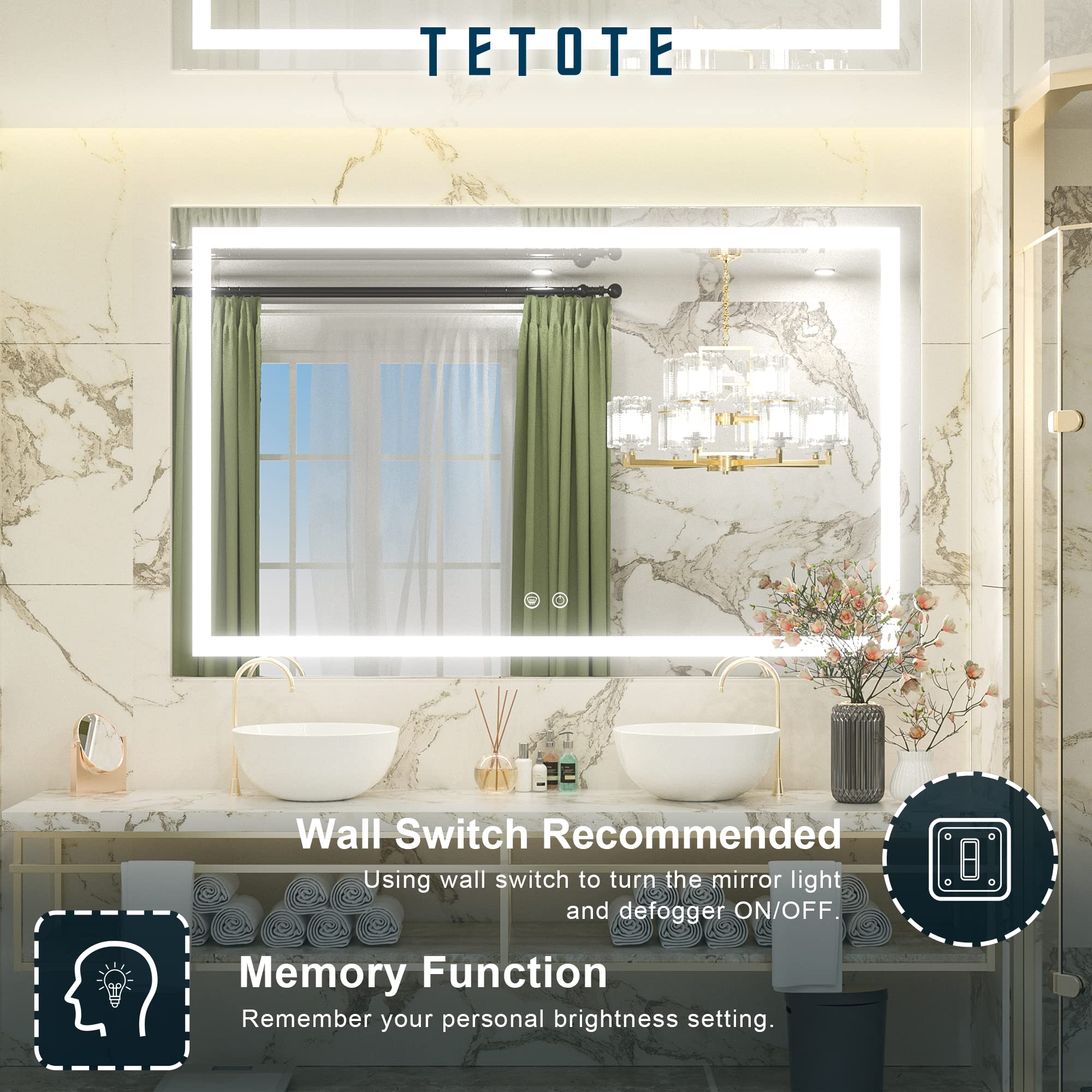 Tetote 48 X 30 Bathroom Led Mirror With Lights,Dimmable Vanity Mirror,Anti-Fog Lighted Mirror Wall Mounted Master Bath Mirror Mo