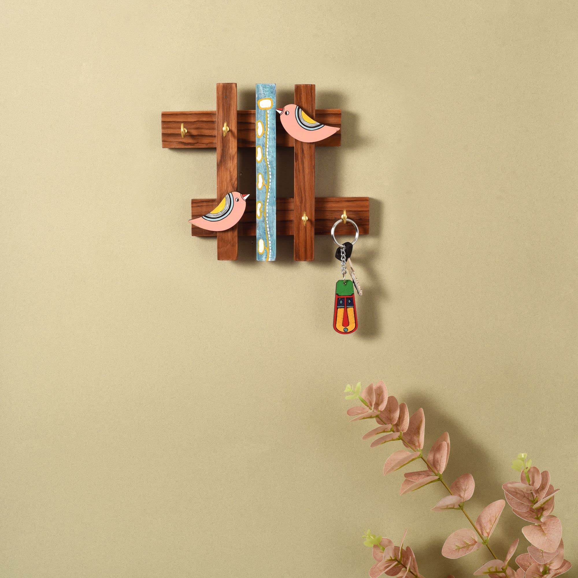 AAKRITI ART CREATIONS Key Holder, Birds of Love Key Hanger | Rustic Teak Wood Wall Organizer with 4 Hooks | New Home Gifts | Mul