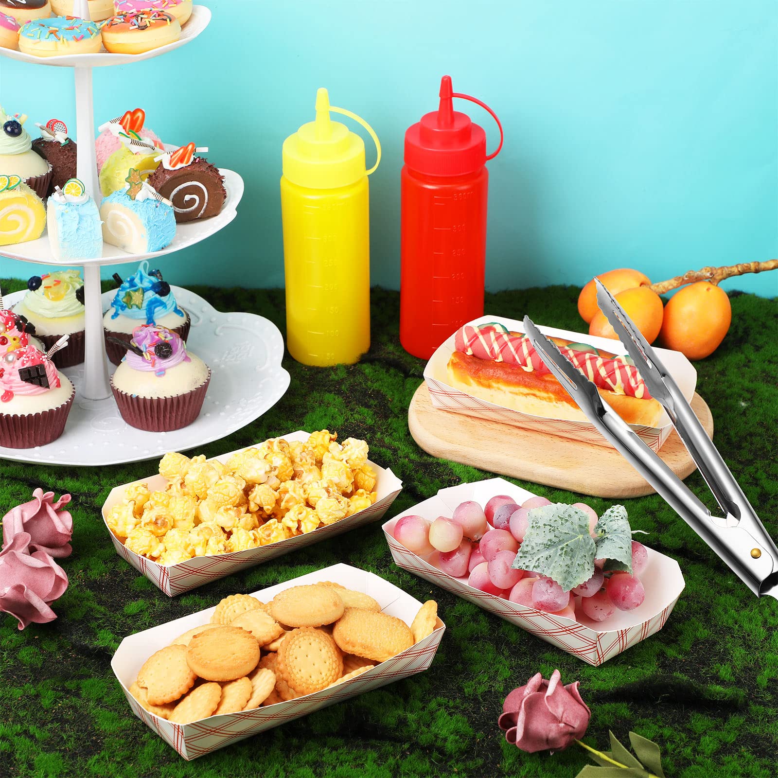 105 Pcs Hot Dog Accessories, 100 Pcs Disposable Paper Food Tray 3 Pcs 12 Oz Plastic Squeeze Bottle 2 Stainless Steel Cooking Ton