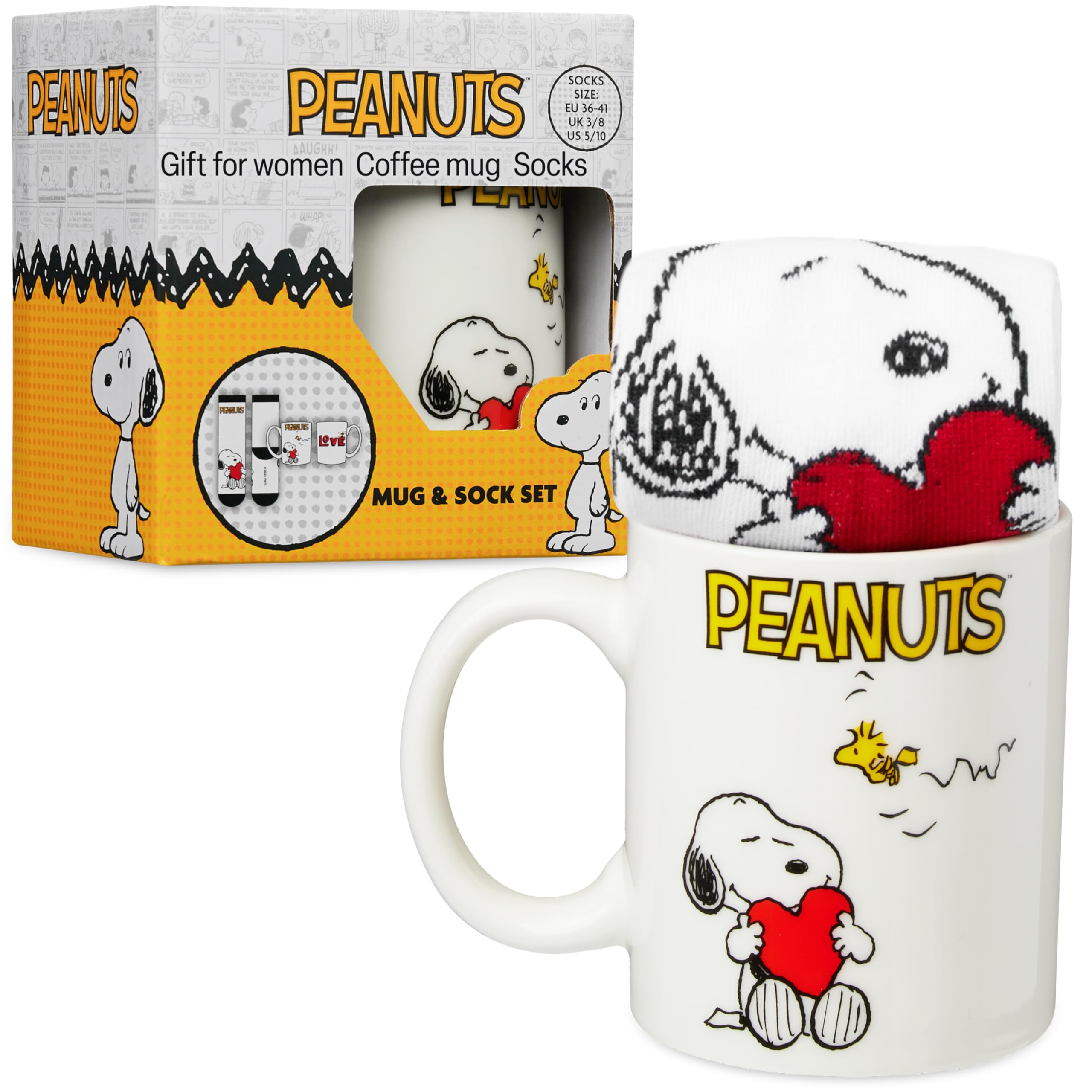 Get Trend Peanuts Snoopy Coffee Mug and Socks Set, 11.5 oz Ceramic Cup with Soft Crew Socks, Woodstock, Gifts for Women (Red Sno