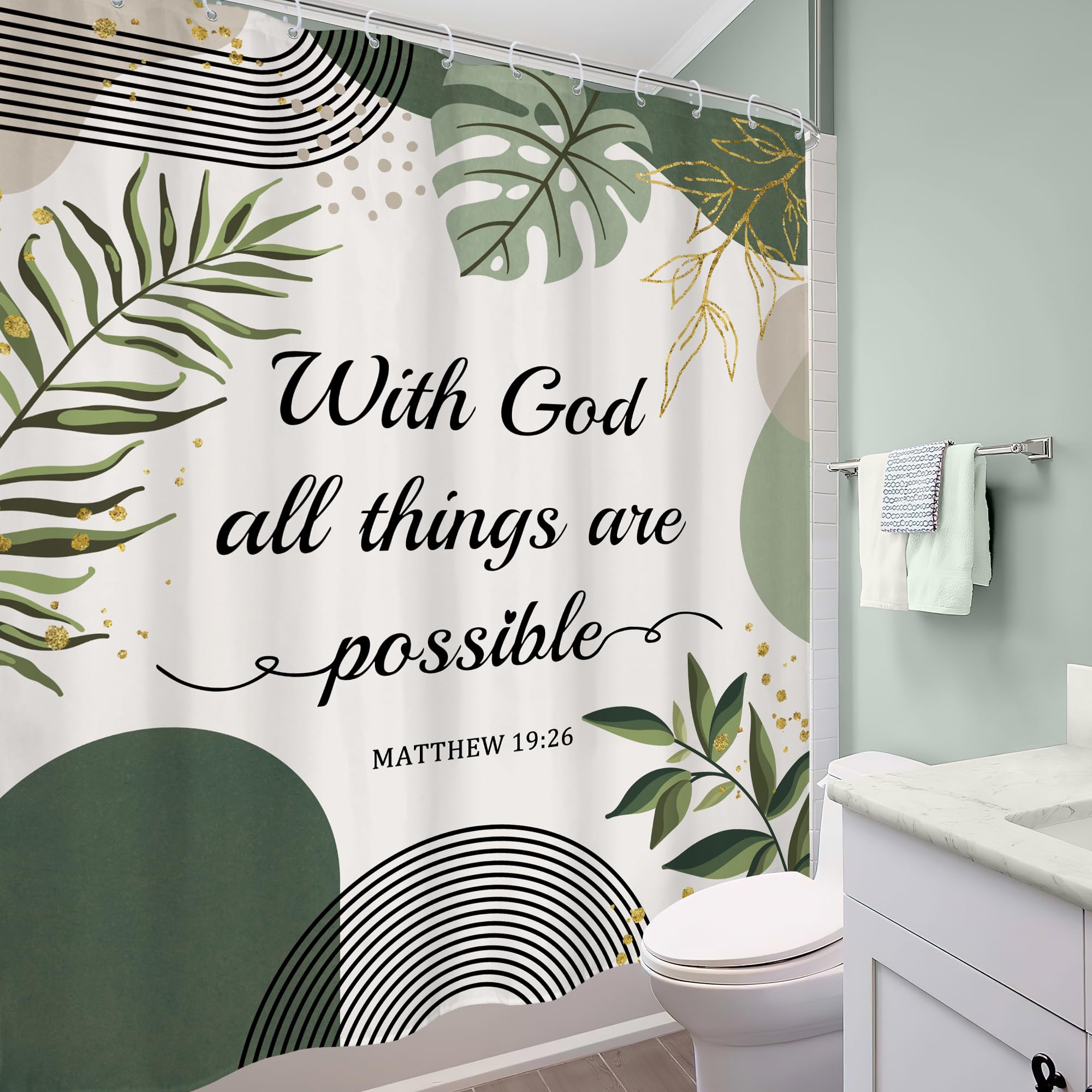 Mitpok Bible Verse Scriptures Christian Shower Curtain Sage Green Boho Mid Century Modern Abstract Quotes Gold Leaves 60Wx72H Ba