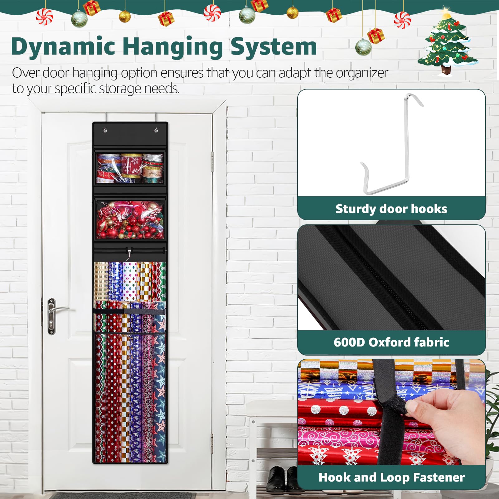 Wrapping Paper Organizer Storage, Double-Sided Hanging Gift Wrap Roll Holder For Christmas, 63''X13'' Over Door Present Bag Cont
