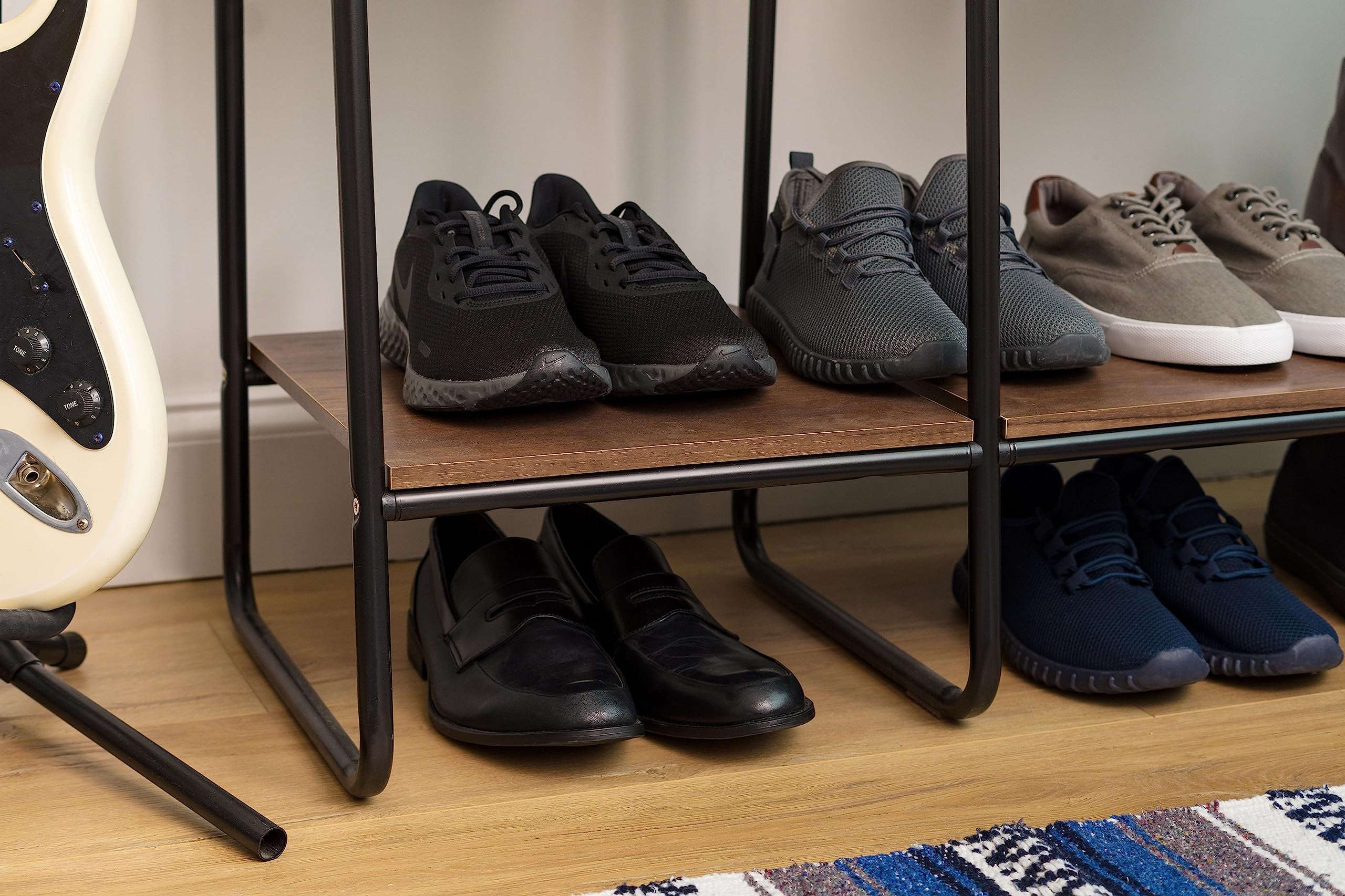 IRIS Metal Garment Rack with Wood Shelves  Black and Dark Brown  PI-B3