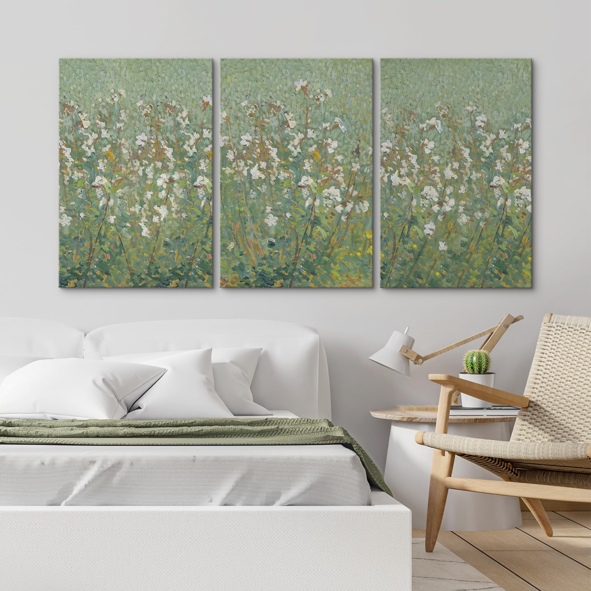 Wall26 Canvas Print Wall Art Set Emerald Green Monet White Flower Field Nature Wilderness Illustrations Modern Art Decorative Fl