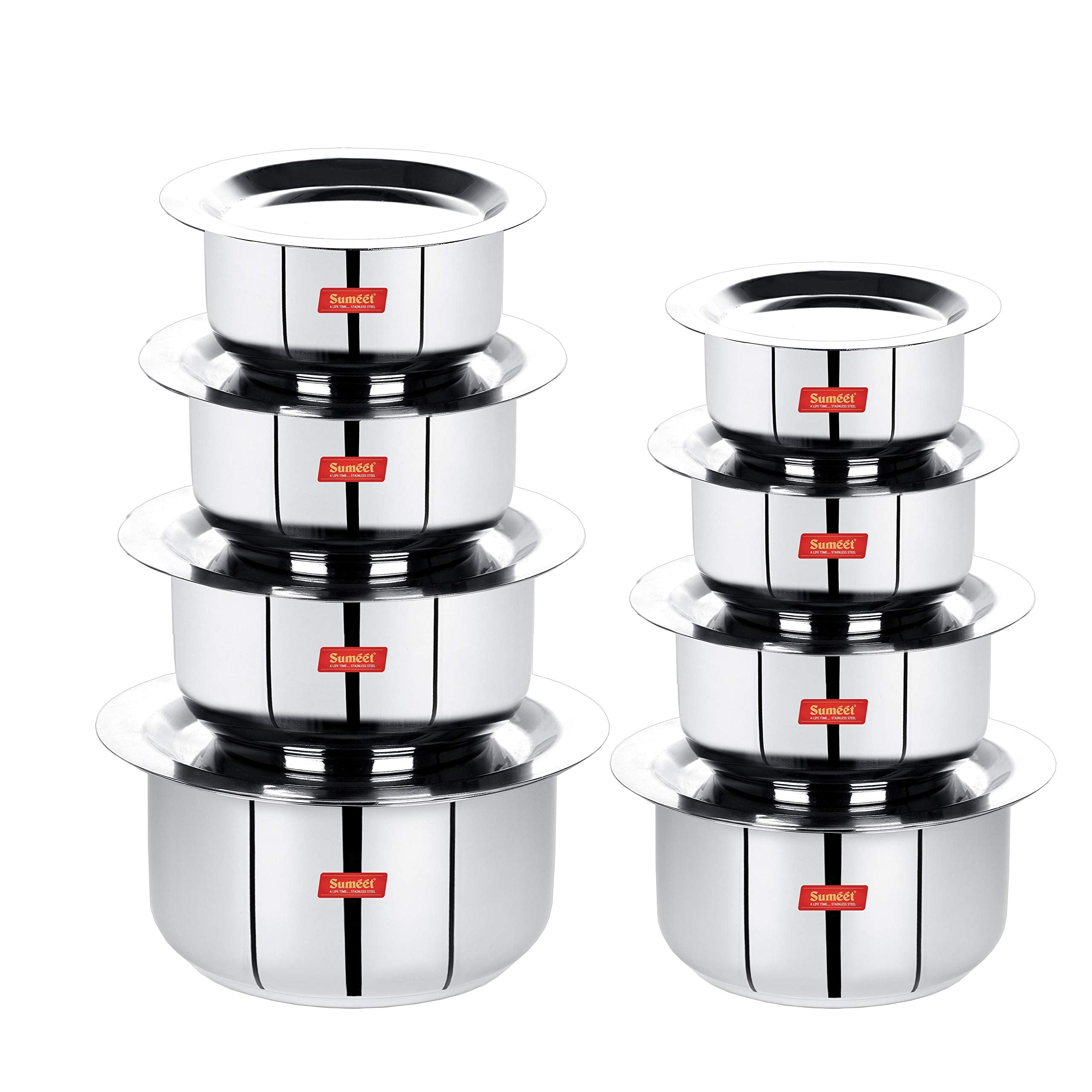 Sumeet Stainless Steel Mini to Big Size Flat Bottom Induction & Gas Stove Friendly Tope/Patila/Cookware Set of 8Pcs with Lids (3