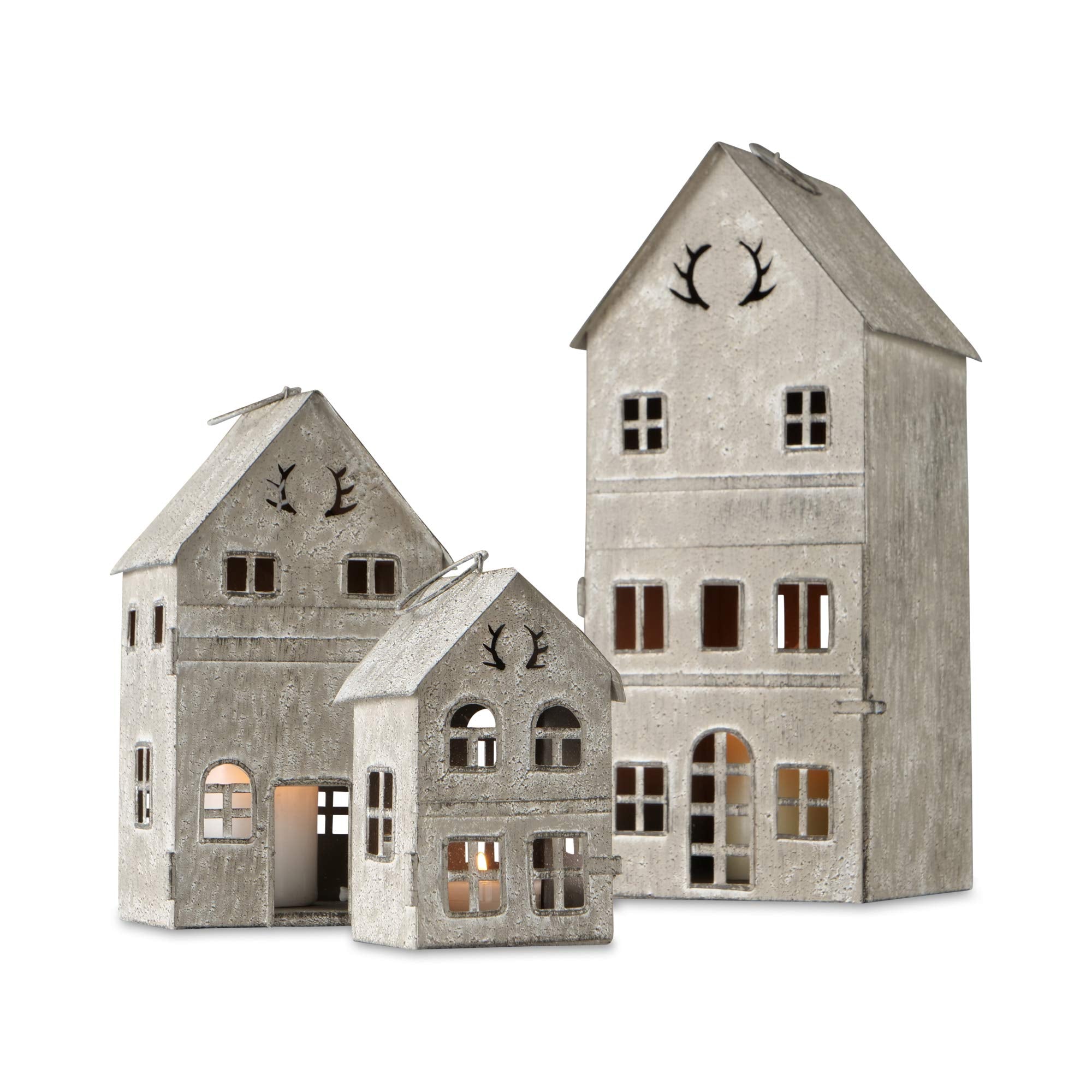 Main Street Town House Candle Lanterns, Set of 3, Vintage Style, Antler Details, Weathered White and Rustic Gray, Metal, Hinged 