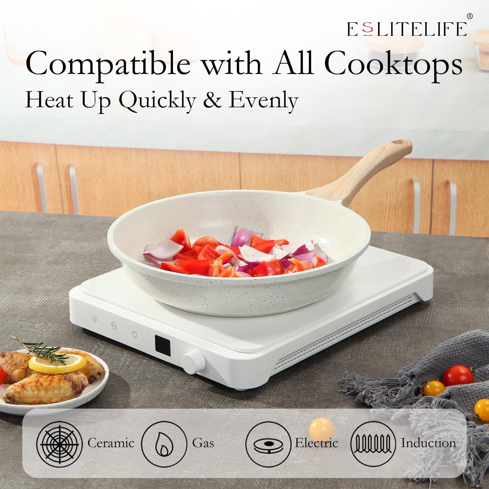 Eslite Life Nonstick Ceramic Frying Pan Skillet Set With Lids, Non-Toxic Egg Omelette Kitchen Cooking Pans Compatible With All S