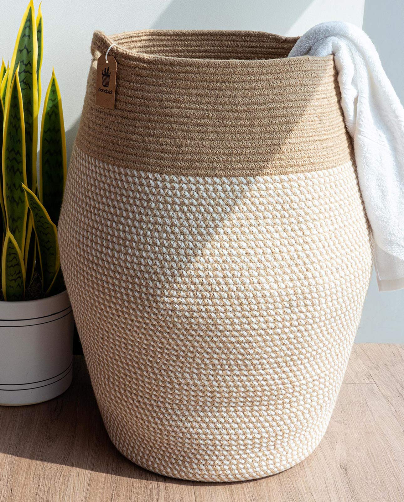 Goodpick Laundry Hamper | Woven Cotton Rope Dirty Clothes Hamper Tall Kids Curve Laundry Basket Large, 25.6 X 17.71 Inch